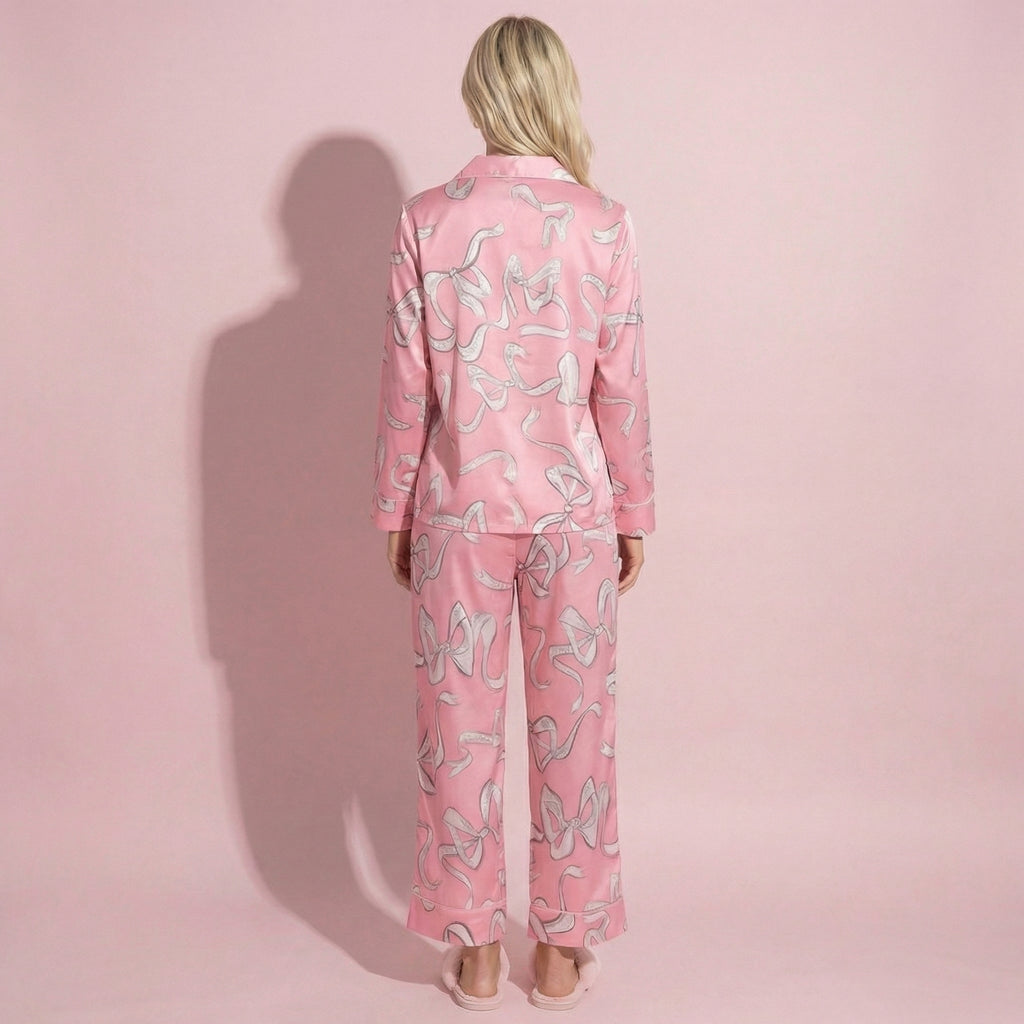 Anna-Kaci Lounge Women's 2-Piece Set Long Sleeve Button Front Pajama Set with Ribbon Print and Soft Silky Fabric for Relaxed Comfort