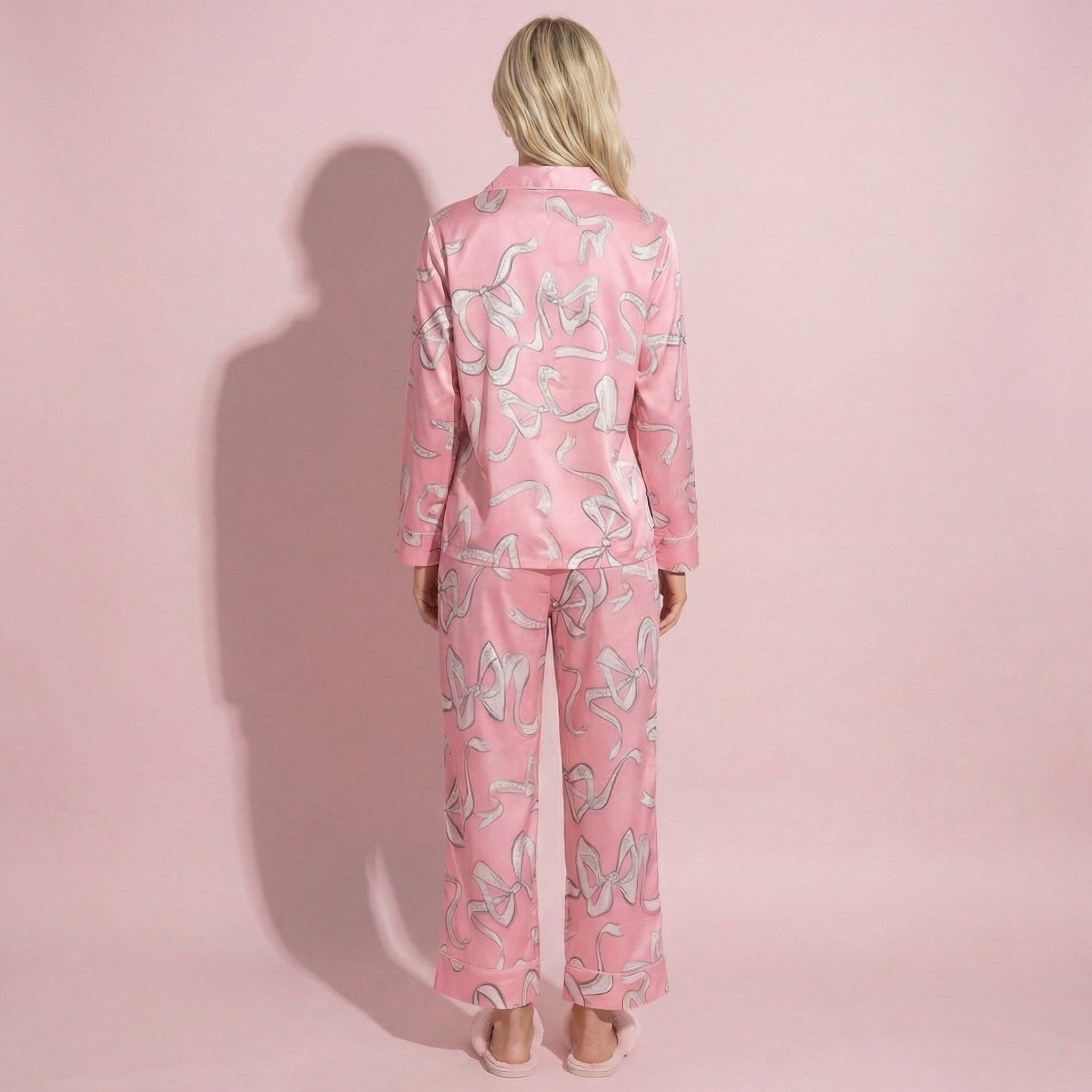 Anna-Kaci Lounge Women's 2-Piece Set Long Sleeve Button Front Pajama Set with Ribbon Print and Soft Silky Fabric for Relaxed Comfort