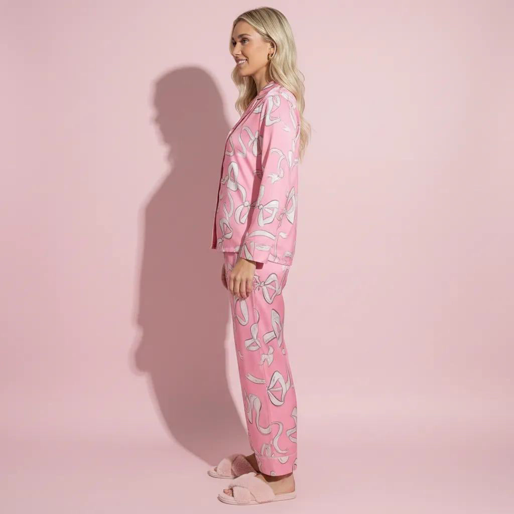 Anna-Kaci Lounge Women's 2-Piece Set Long Sleeve Button Front Pajama Set with Ribbon Print and Soft Silky Fabric for Relaxed Comfort