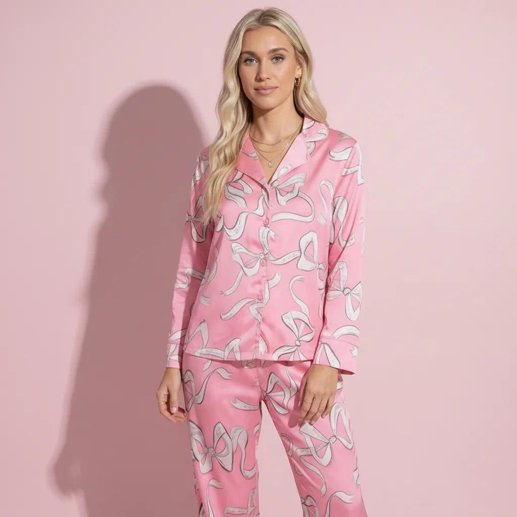 Anna-Kaci Lounge Women's 2-Piece Set Long Sleeve Button Front Pajama Set with Ribbon Print and Soft Silky Fabric for Relaxed Comfort