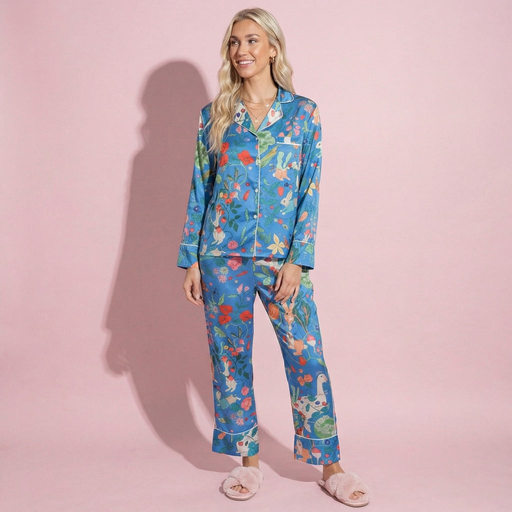 Anna-Kaci Lounge Women's 2-Piece Set Long Sleeve Button Front Pajama Set with Botanical Animal Print and Soft Silky Fabric for Relaxed Comfort