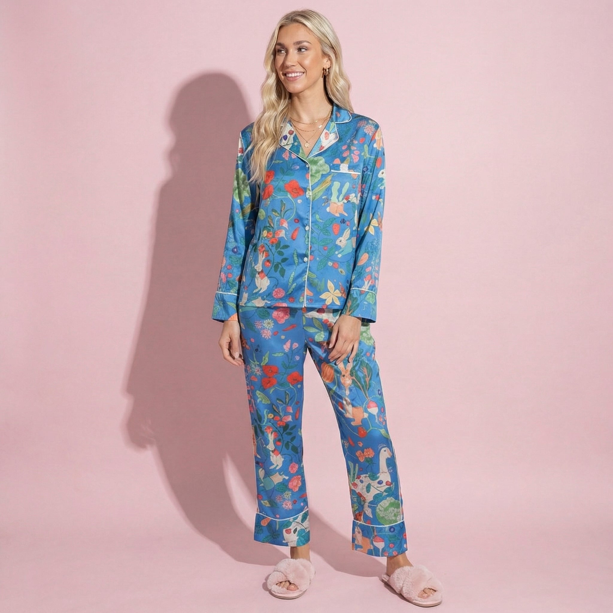 Anna-Kaci Lounge Women's 2-Piece Set Long Sleeve Button Front Pajama Set with Botanical Animal Print and Soft Silky Fabric for Relaxed Comfort