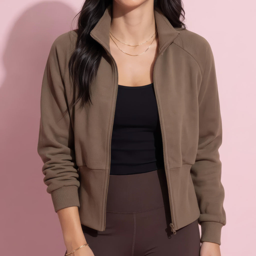 Anna-Kaci Active Women's High Neck Long Sleeve Zip-Up Jacket with Fitted Waistband and Soft Knit Fabric