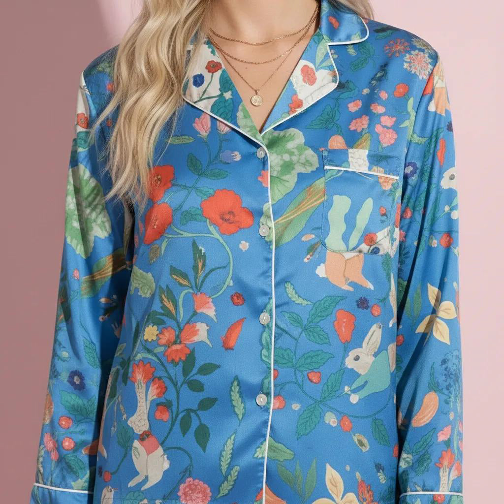 Anna-Kaci Lounge Women's 2-Piece Set Long Sleeve Button Front Pajama Set with Botanical Animal Print and Soft Silky Fabric for Relaxed Comfort