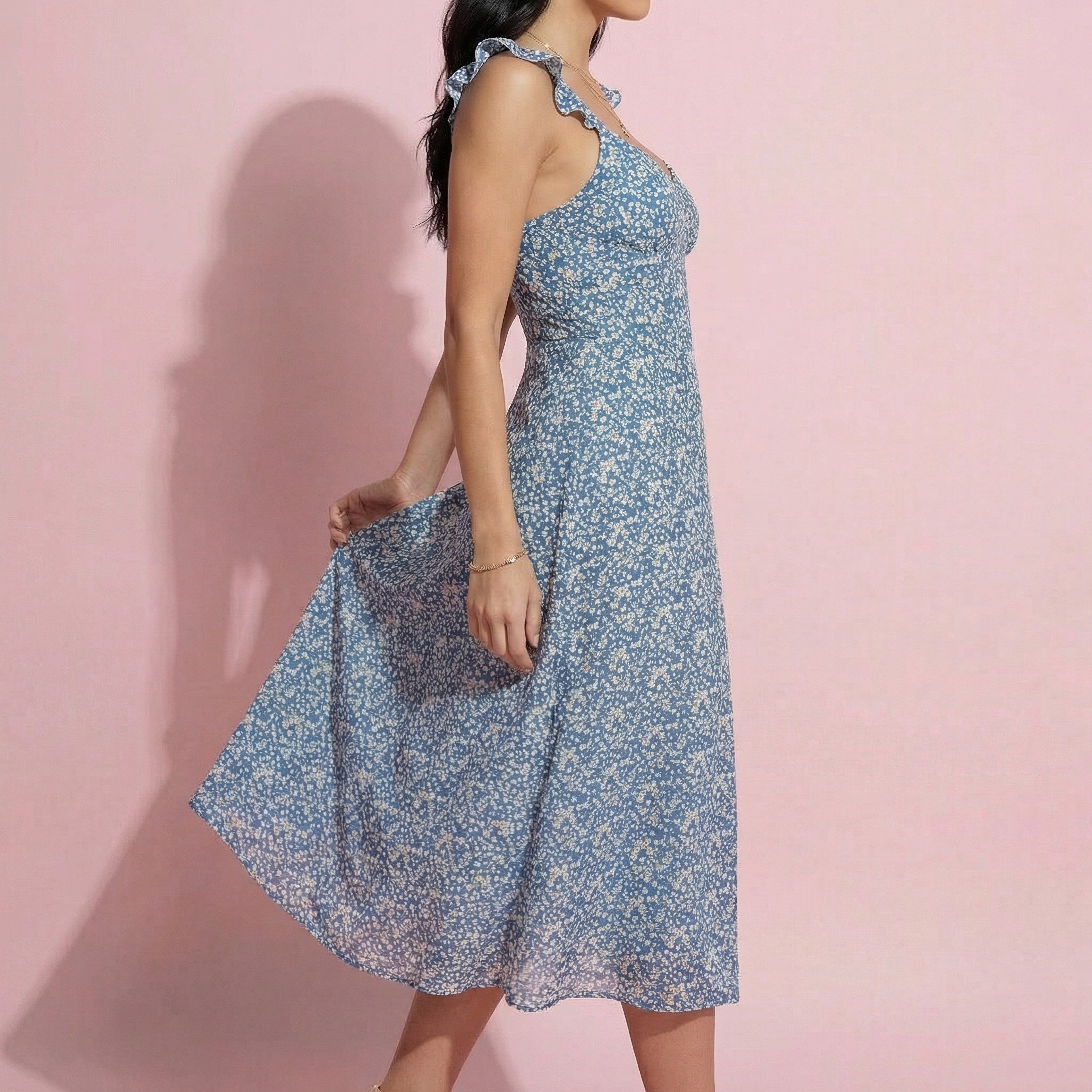 Ruffle Strap V Neck Floral Dress