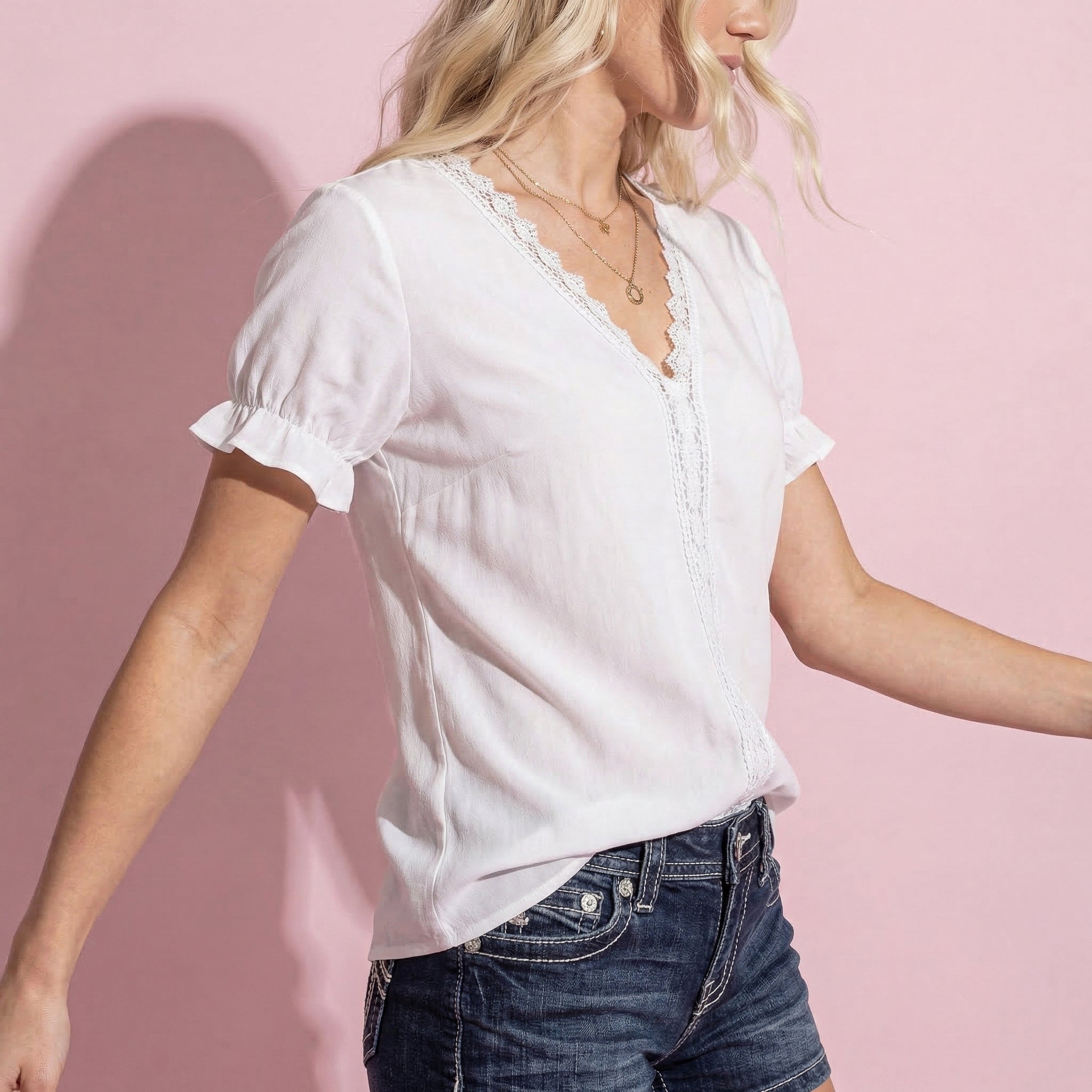 Lace Trim Puff Sleeve Blouse