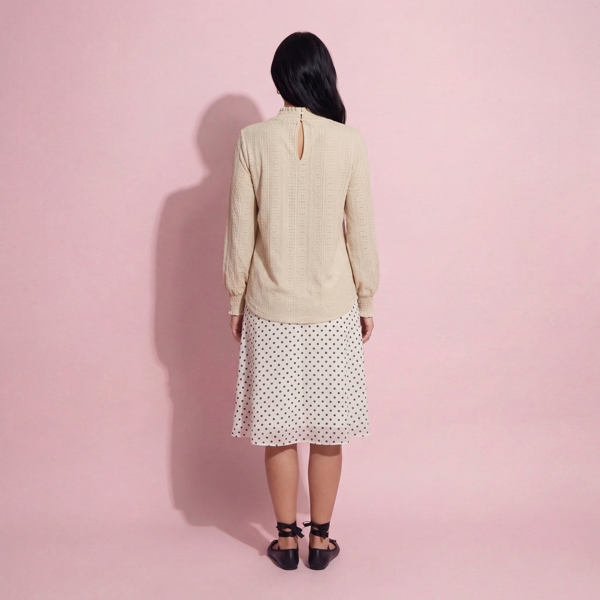 Anna-Kaci Women's Long Sleeve Textured Blouse with Smocked High Neckline and Cuffed Sleeves