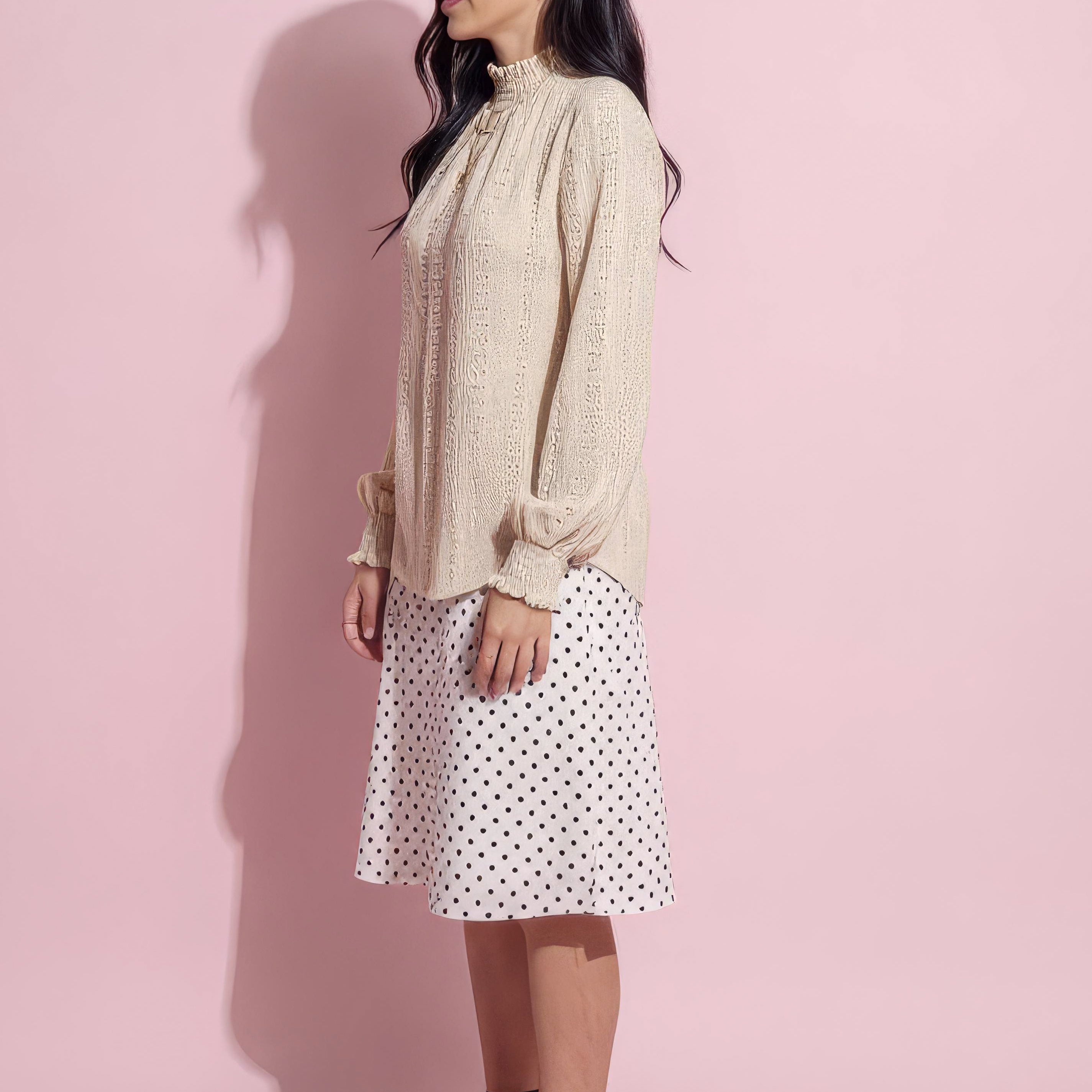 Anna-Kaci Women's Long Sleeve Textured Blouse with Smocked High Neckline and Cuffed Sleeves