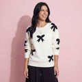 Anna-Kaci Women's Knit Sweater with Black Bow Pattern Long Sleeves