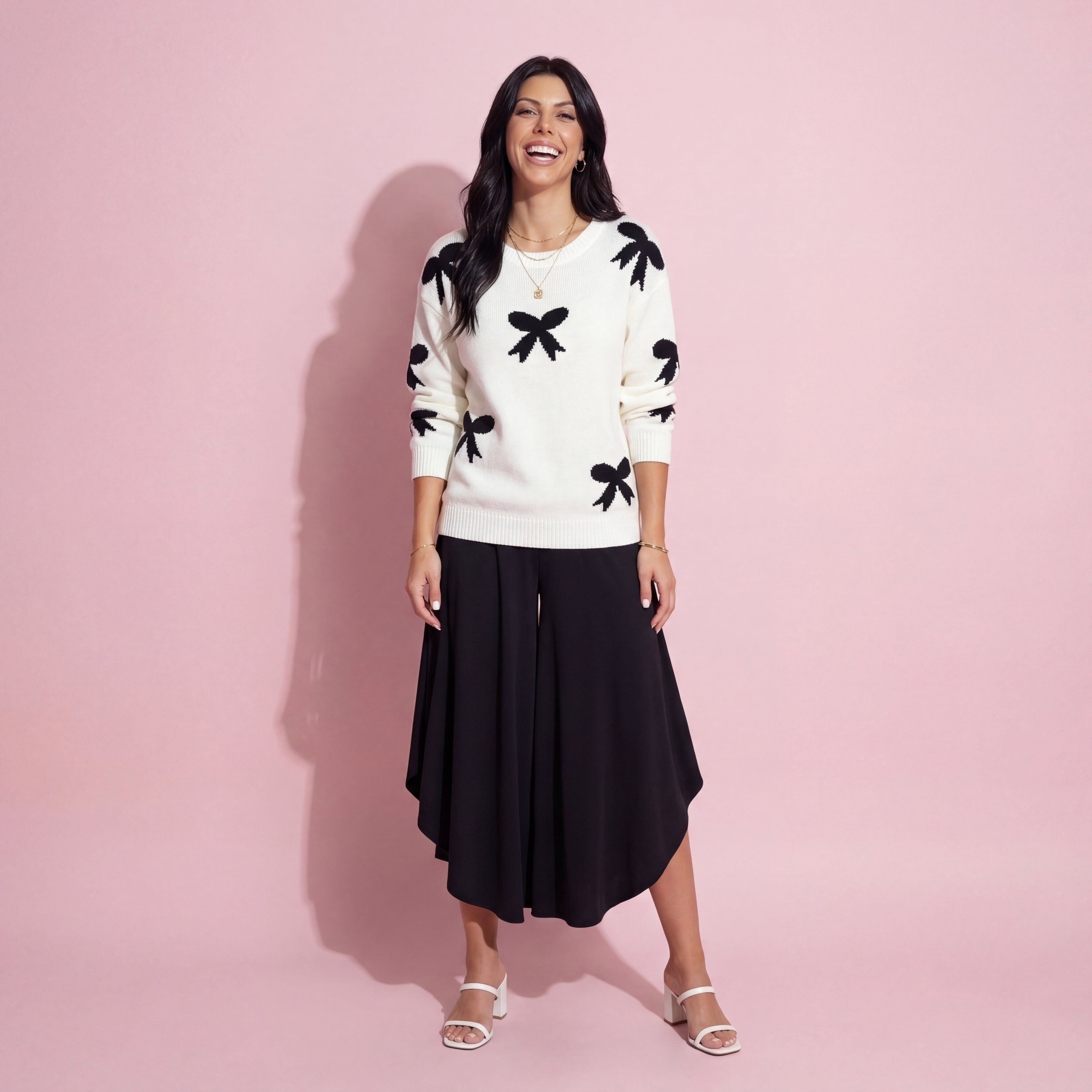 Anna-Kaci Women's Knit Sweater with Black Bow Pattern Long Sleeves