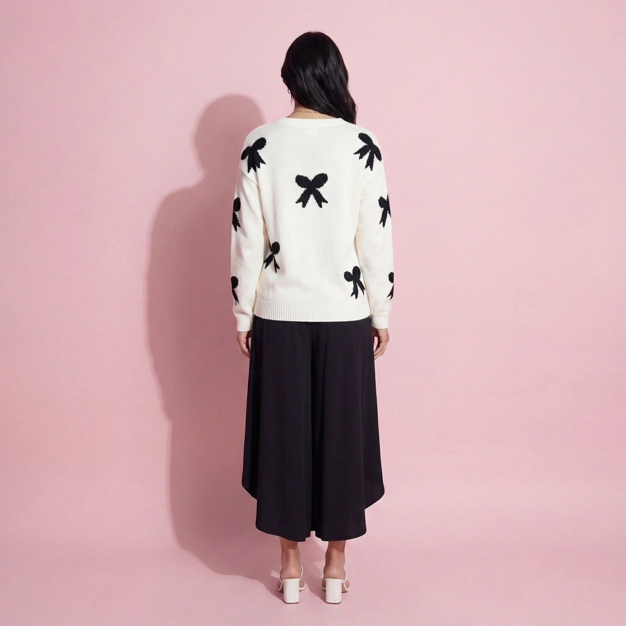 Anna-Kaci Women's Knit Sweater with Black Bow Pattern Long Sleeves