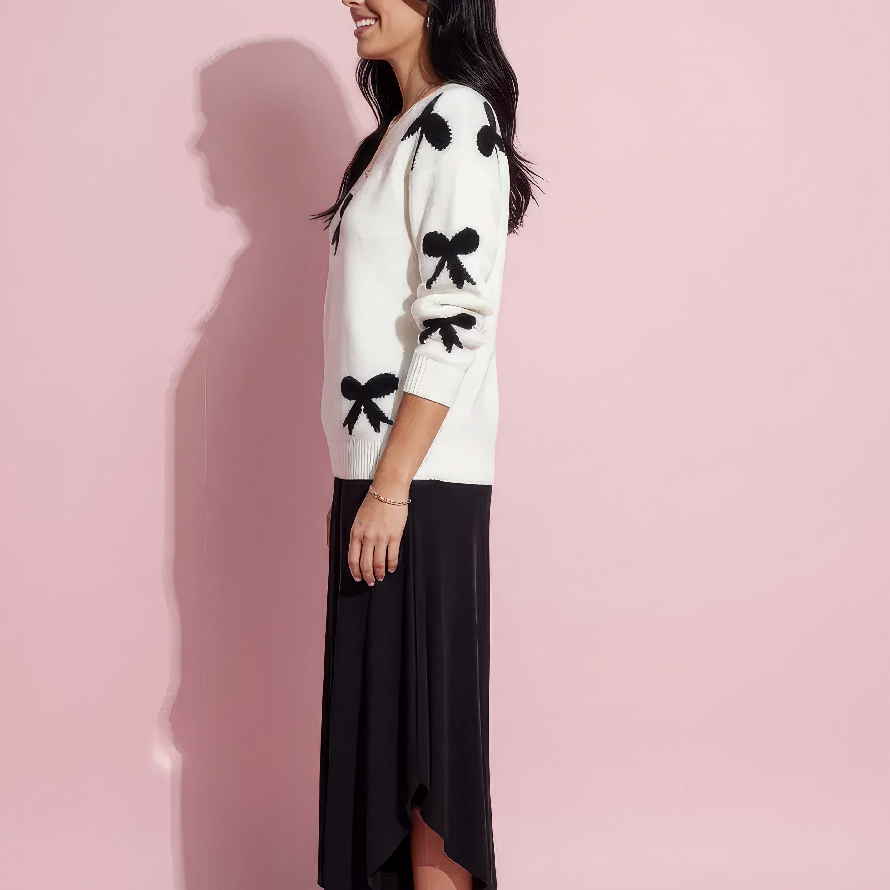 Anna-Kaci Women's Knit Sweater with Black Bow Pattern Long Sleeves