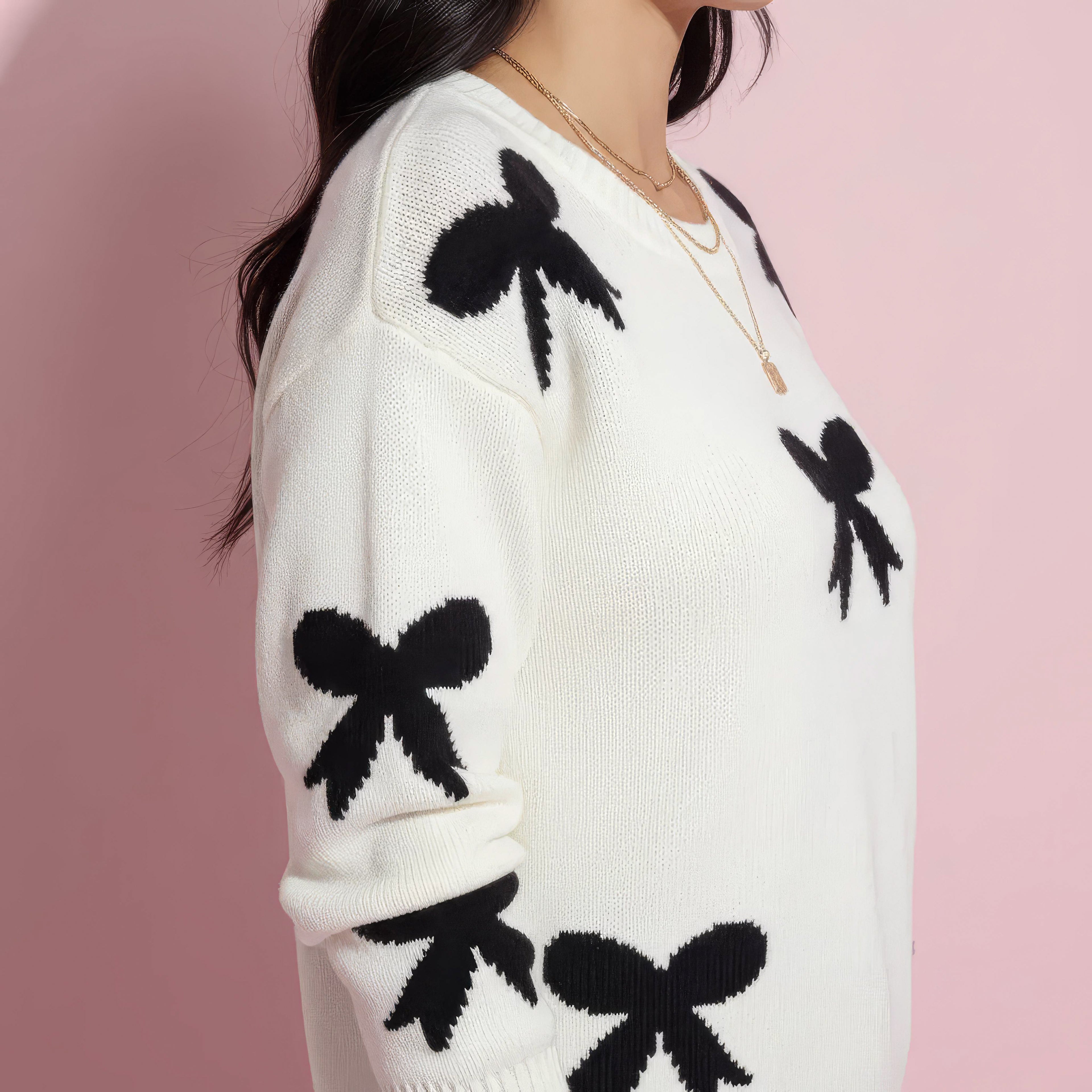 Anna-Kaci Women's Knit Sweater with Black Bow Pattern Long Sleeves