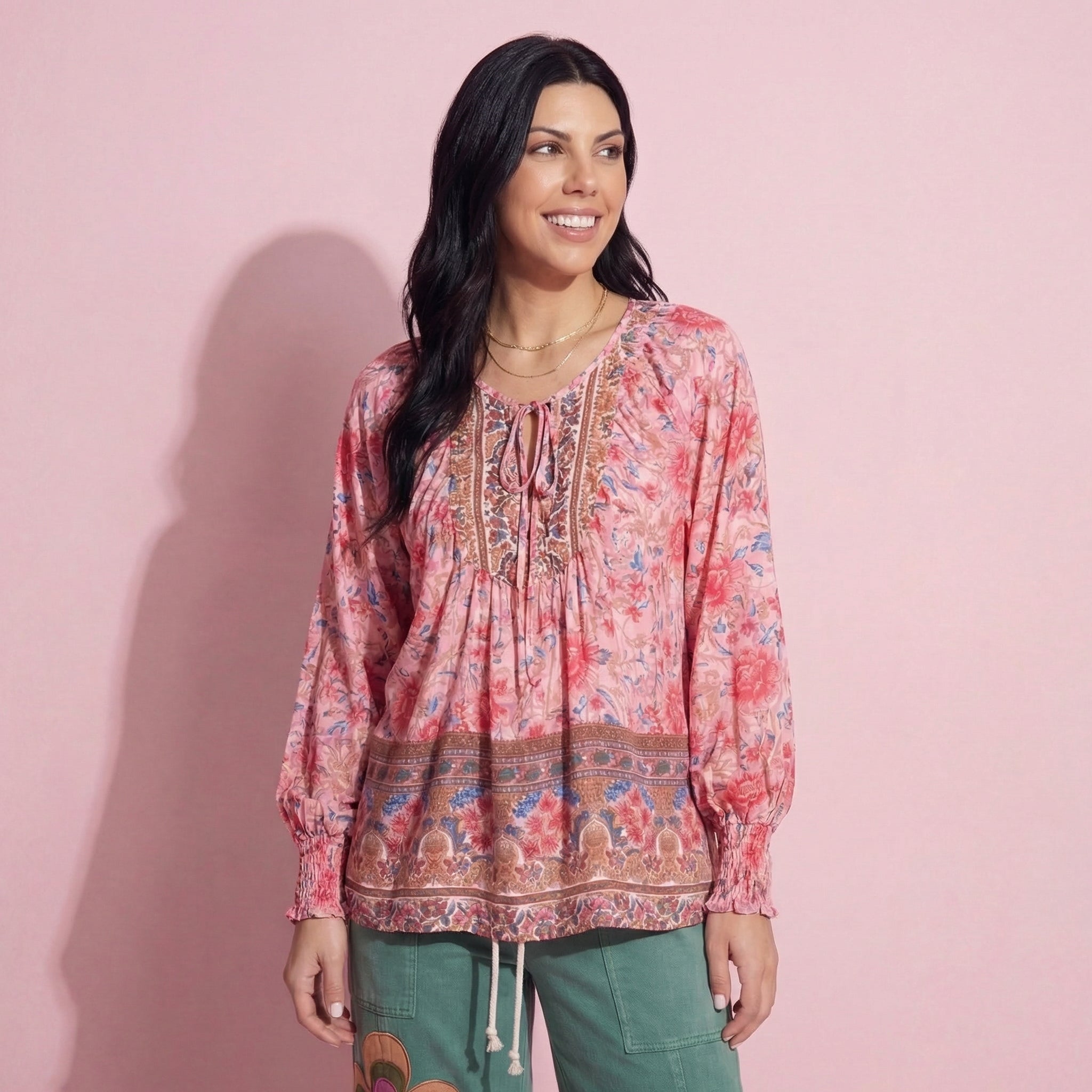 Anna-Kaci Women's Floral Boho Peasant Blouse with Long Sleeves and Tassel Tie