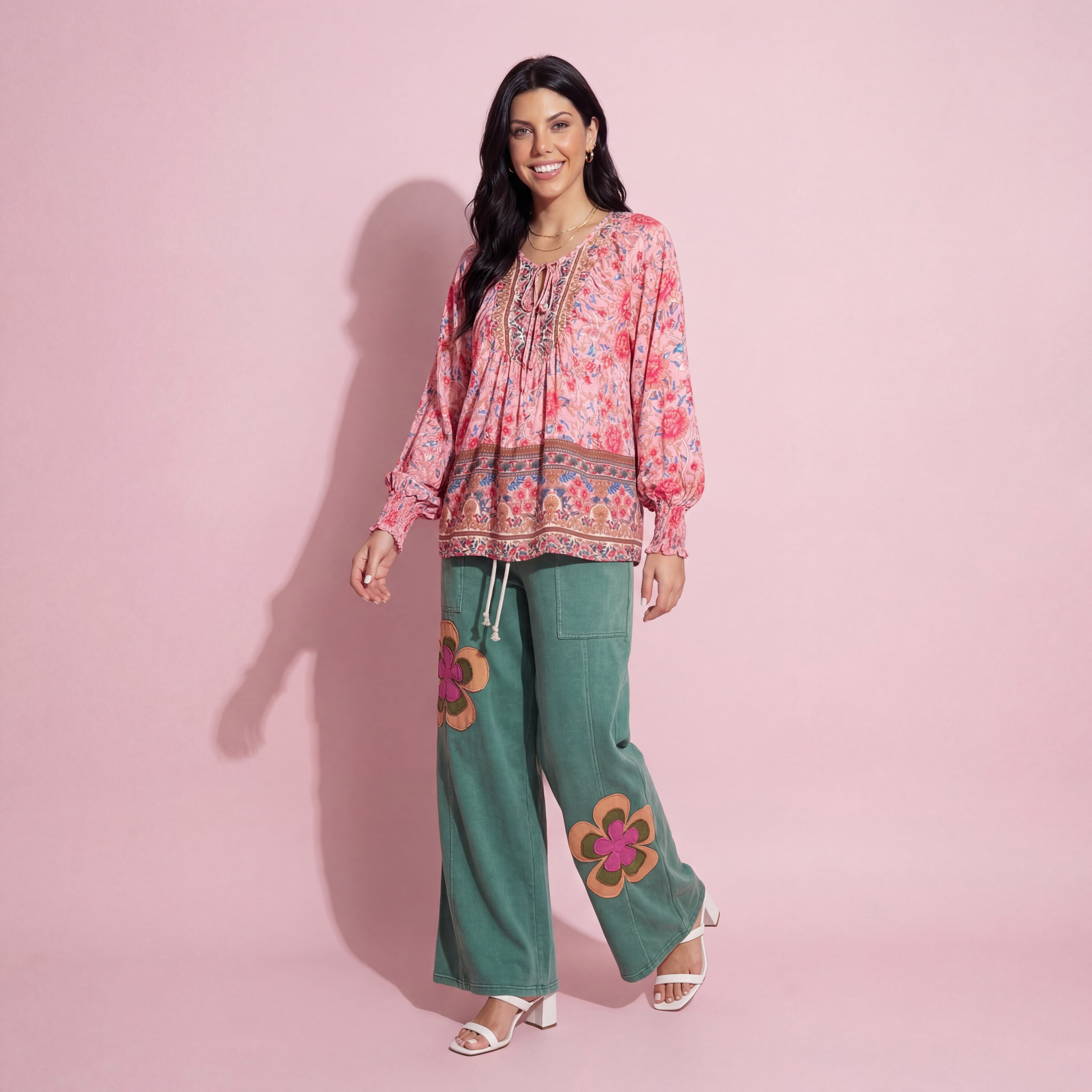 Anna-Kaci Women's Floral Boho Peasant Blouse with Long Sleeves and Tassel Tie