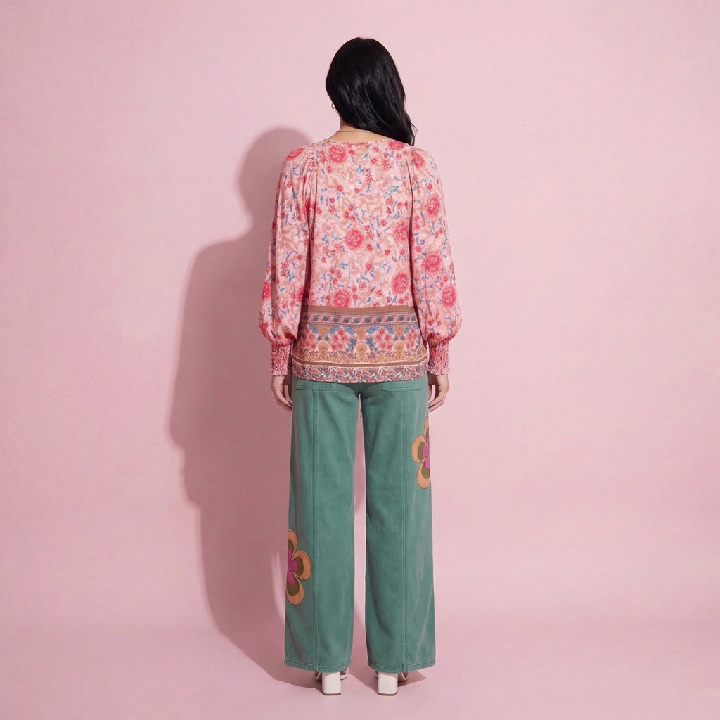 Anna-Kaci Women's Floral Boho Peasant Blouse with Long Sleeves and Tassel Tie