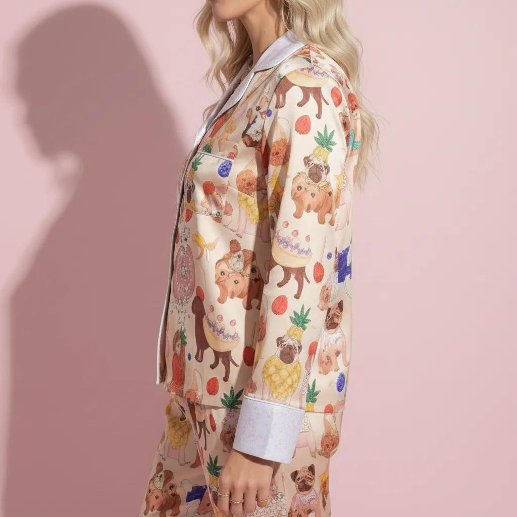 Anna-Kaci Lounge Women's 2-Piece Set Long Sleeve Button Front Top and Relaxed Fit Pants Pajama Set with Fun Dog Print