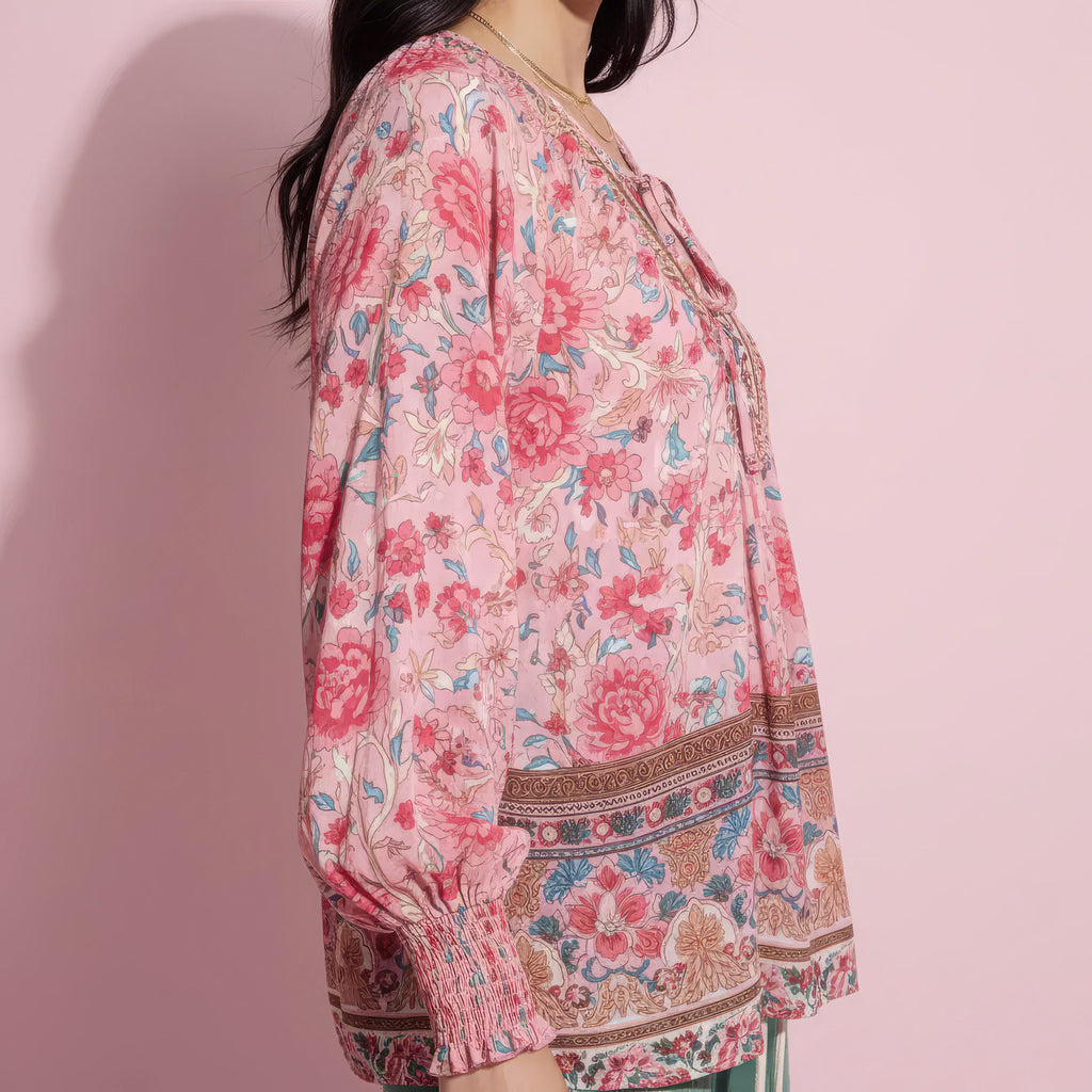 Anna-Kaci Women's Floral Boho Peasant Blouse with Long Sleeves and Tassel Tie