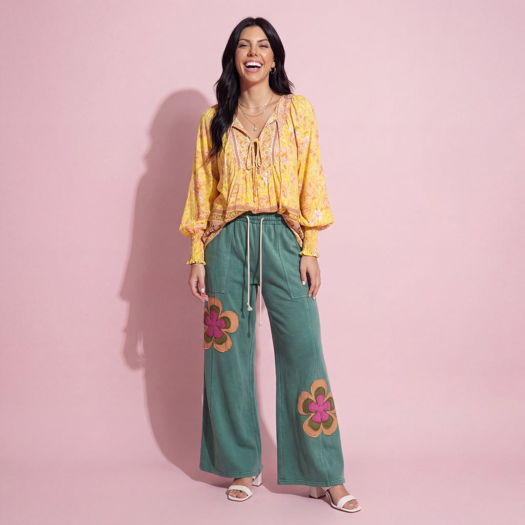 Anna-Kaci Women's Floral Boho Peasant Blouse with Long Sleeves and Tassel Tie