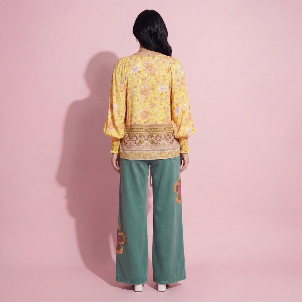 Anna-Kaci Women's Floral Boho Peasant Blouse with Long Sleeves and Tassel Tie