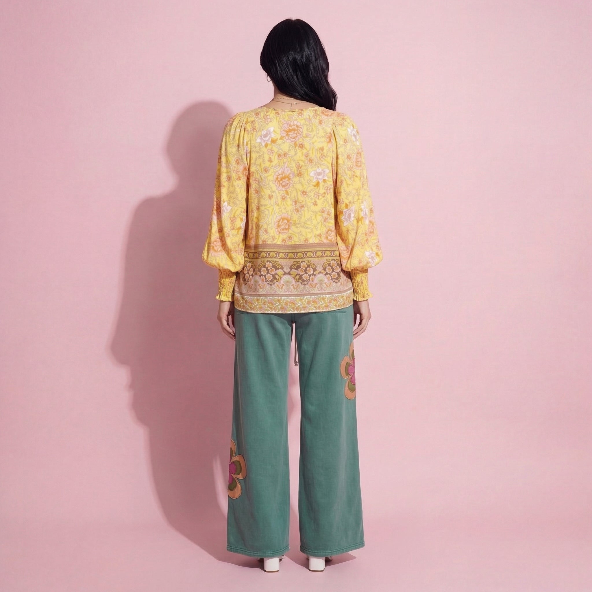 Anna-Kaci Women's Floral Boho Peasant Blouse with Long Sleeves and Tassel Tie