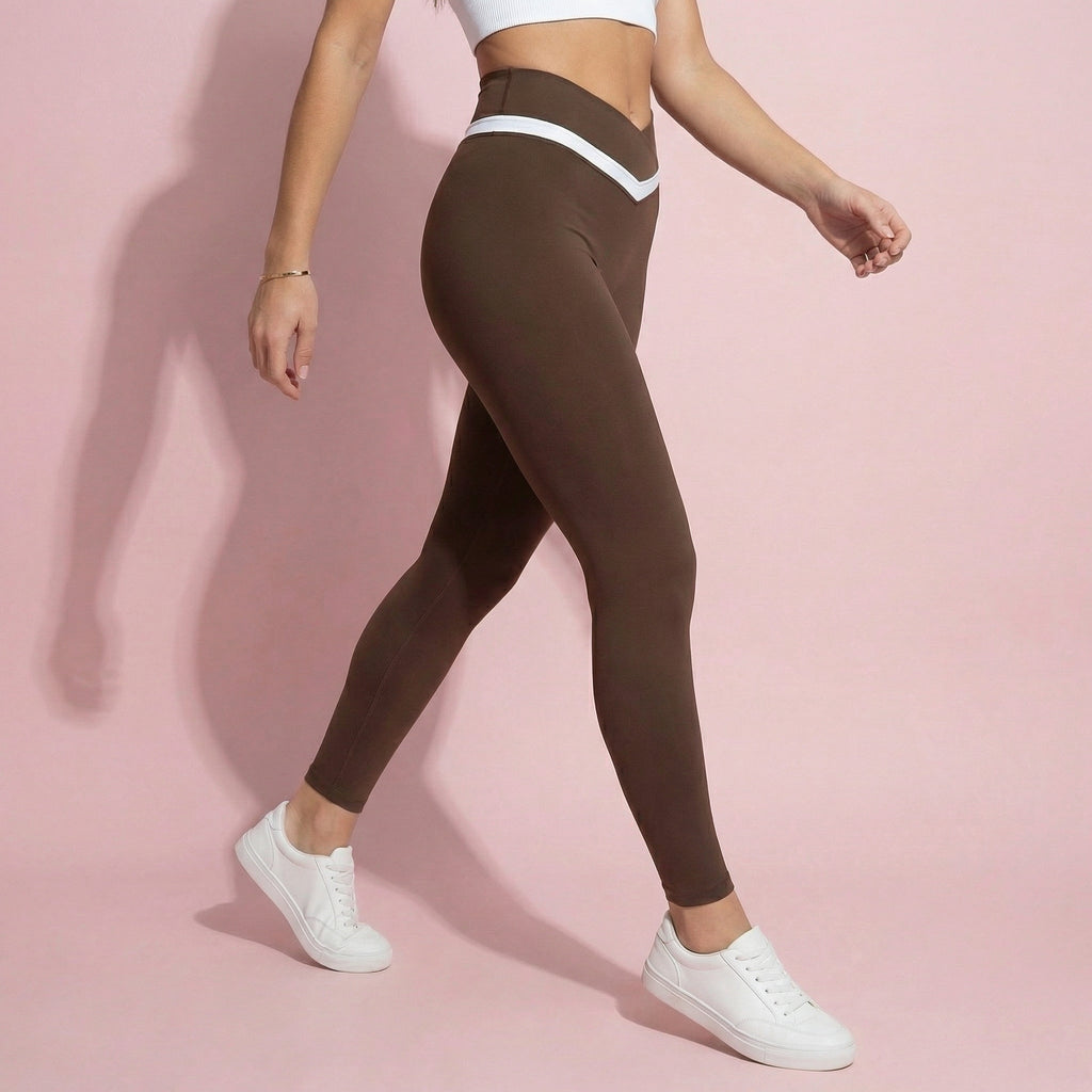 Anna-Kaci Active Women's Crossover Waist Colorblock Full Length Leggings with Stretch Fit Fabric and Contoured Silhouette