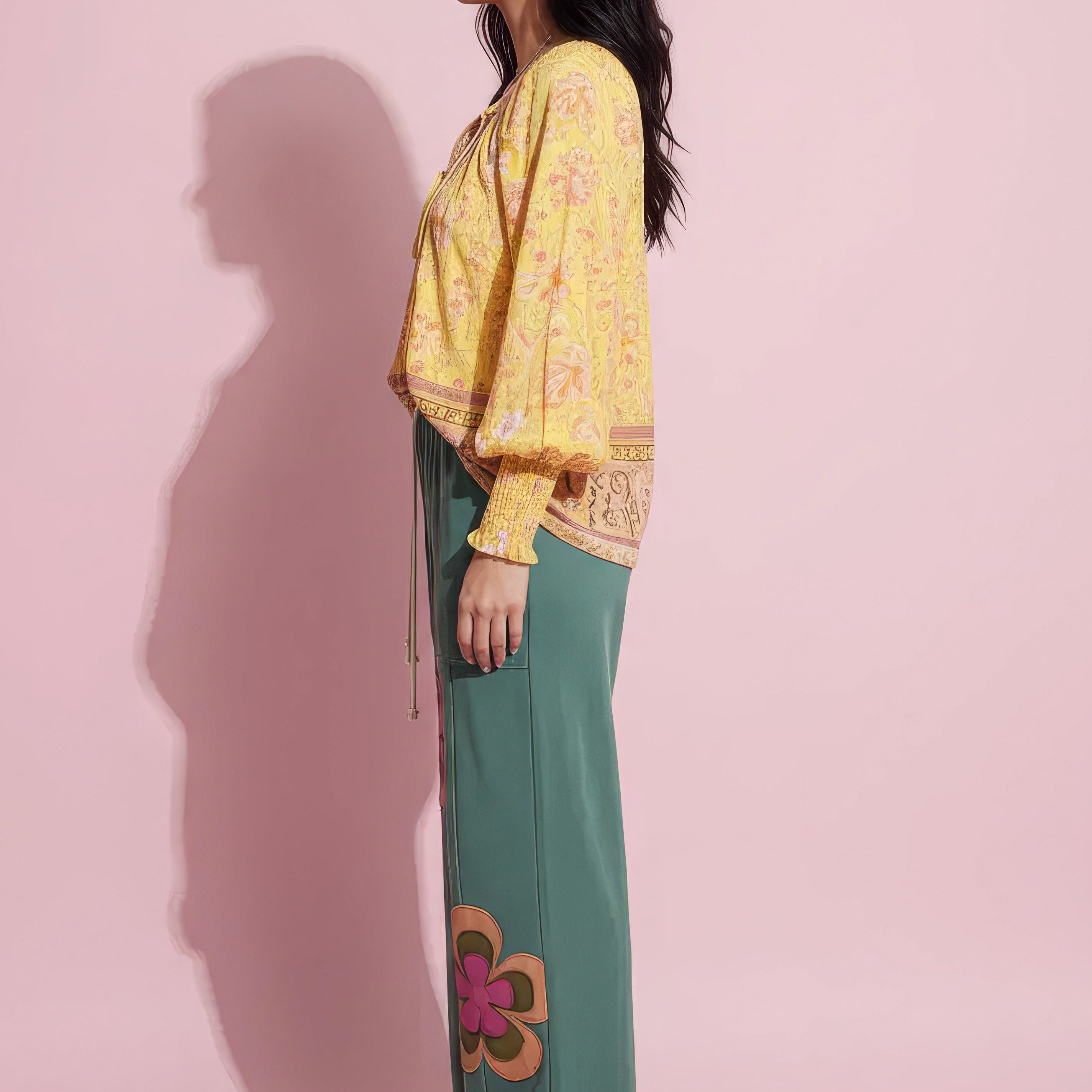 Anna-Kaci Women's Floral Boho Peasant Blouse with Long Sleeves and Tassel Tie