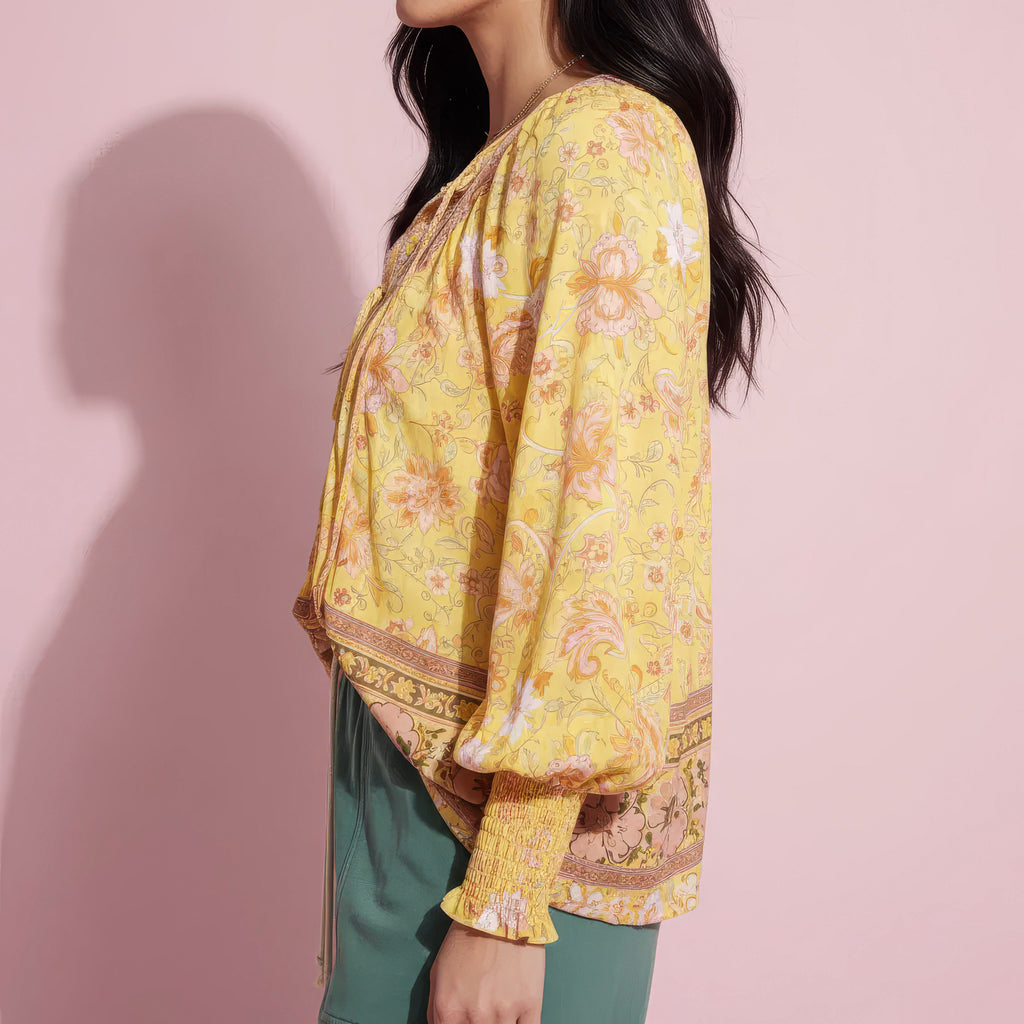 Anna-Kaci Women's Floral Boho Peasant Blouse with Long Sleeves and Tassel Tie