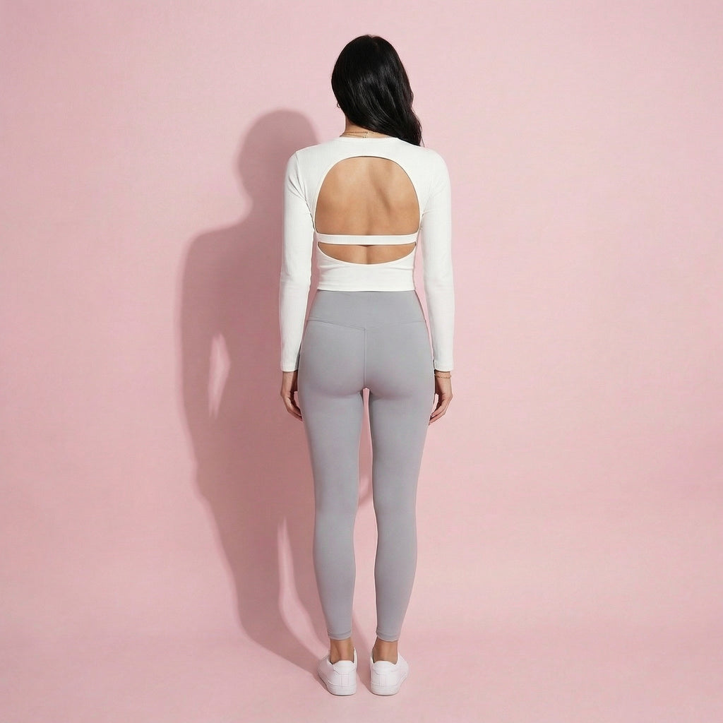 Anna-Kaci Active Women's Long Sleeve Cropped Sports Top with Open Back and Crisscross Strap Detail