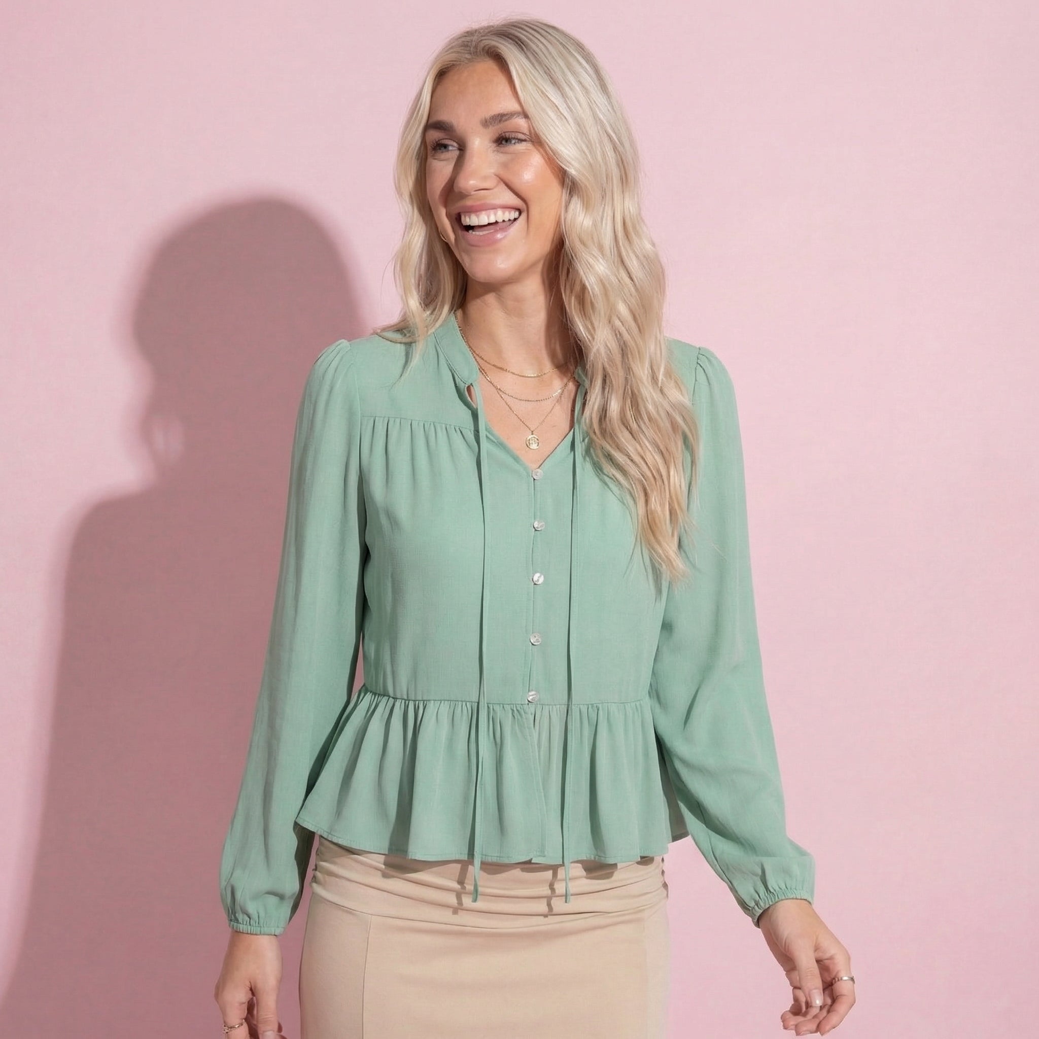 Anna-Kaci Women's Long Sleeve Button Front Peplum Blouse with V-Neckline and Gathered Waist Detail