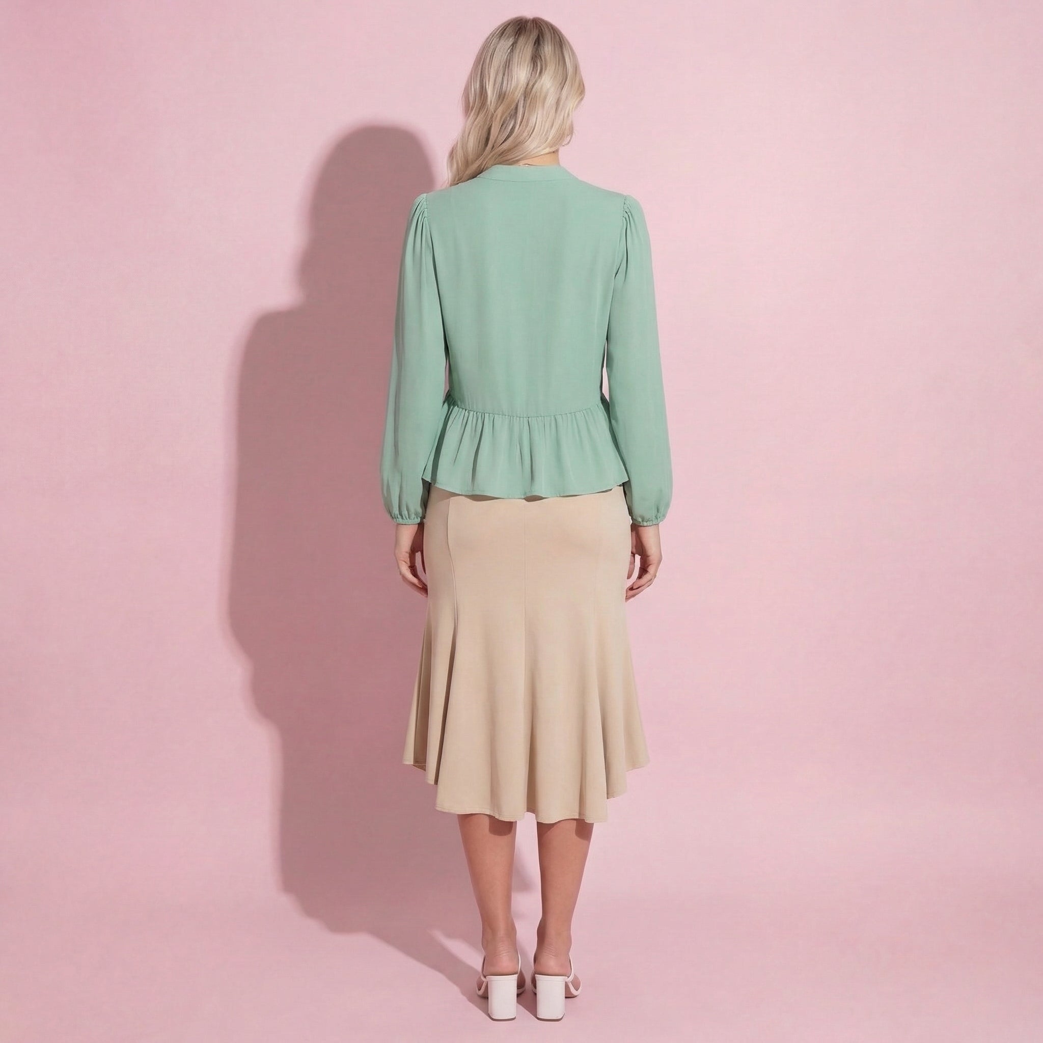 Anna-Kaci Women's Long Sleeve Button Front Peplum Blouse with V-Neckline and Gathered Waist Detail