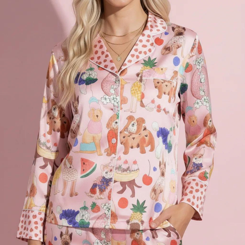 Anna-Kaci Lounge Women's 2-Piece Set Button Front Pajama Set with Playful Dog Print and Soft Silky Fabric for Relaxed Comfort