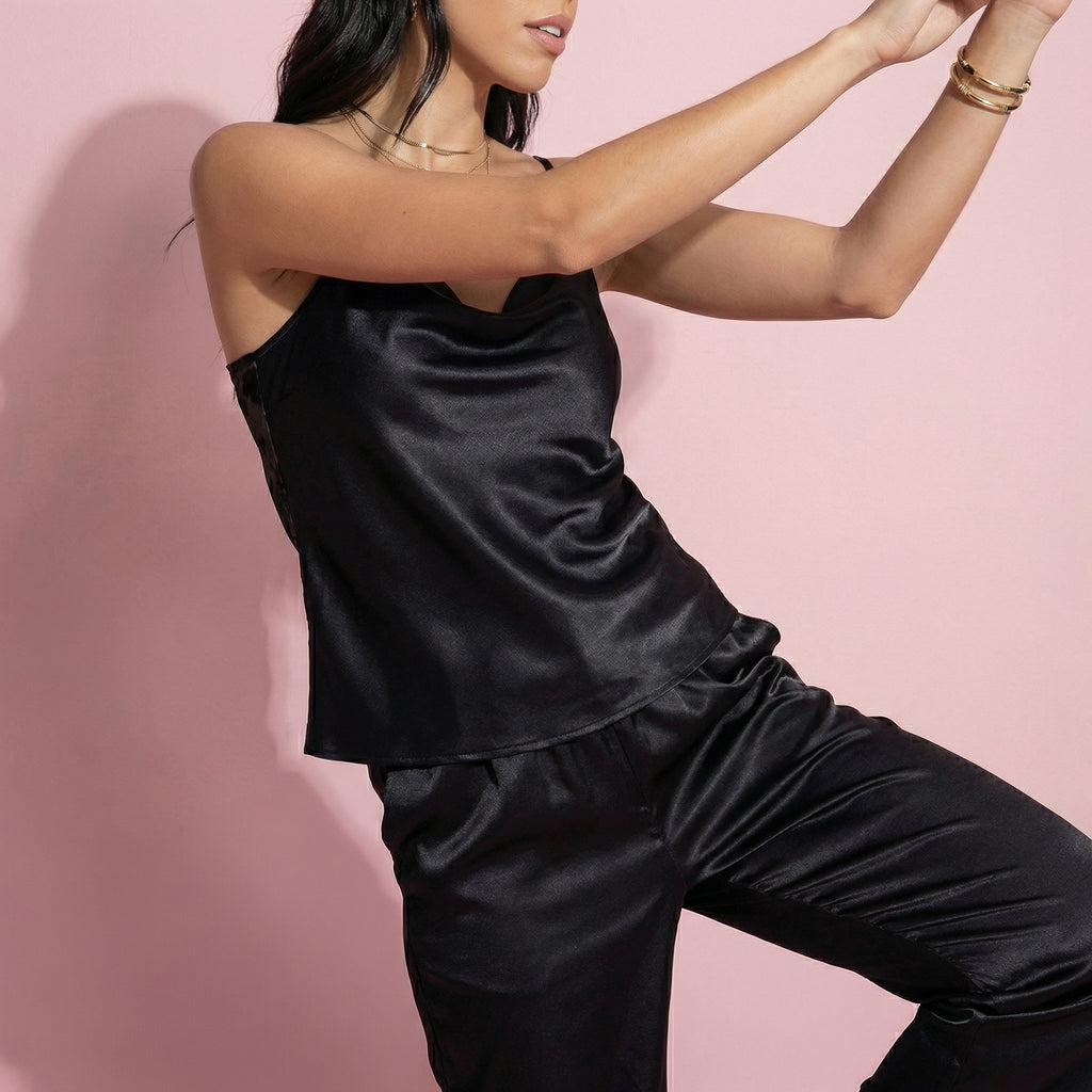 Anna-Kaci Women's 2-Piece Set Satin Cowl Neck Camisole Top with Adjustable Straps and Straight-Leg Pants