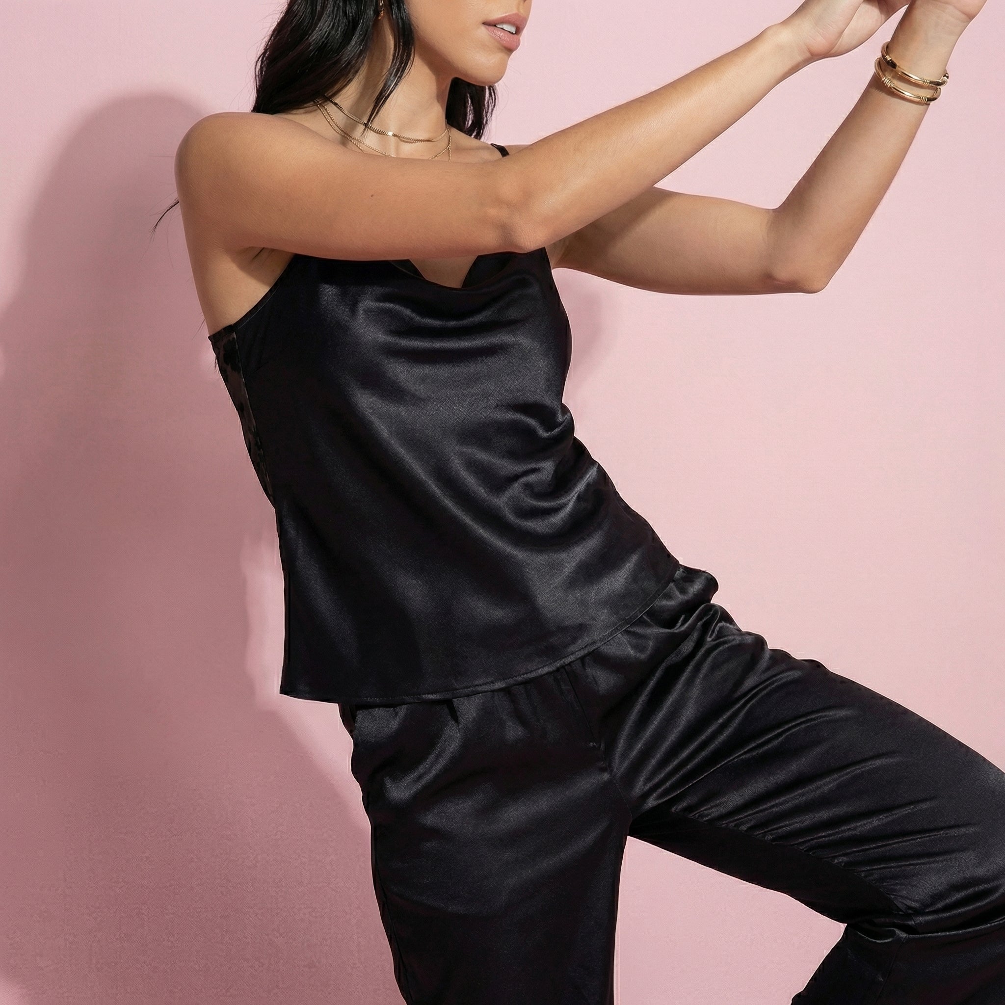 Anna-Kaci Women's 2-Piece Set Satin Cowl Neck Camisole Top with Adjustable Straps and Straight-Leg Pants