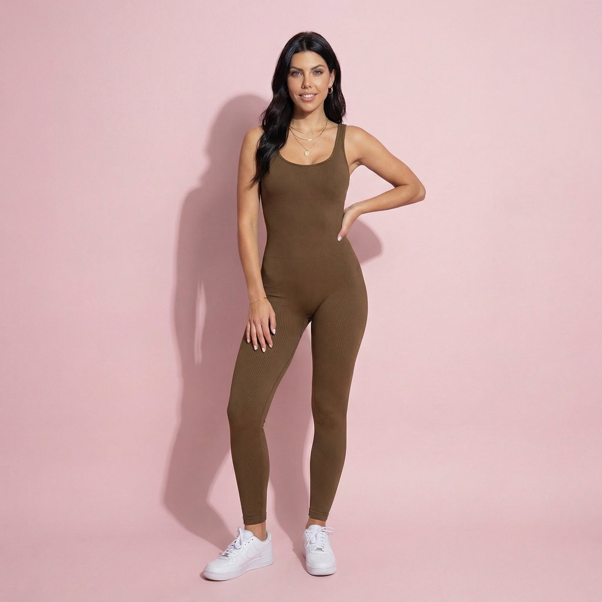 Anna-Kaci Active Women's Ribbed Knit Sleeveless Jumpsuit with Scoop Neckline and Bodycon Fit