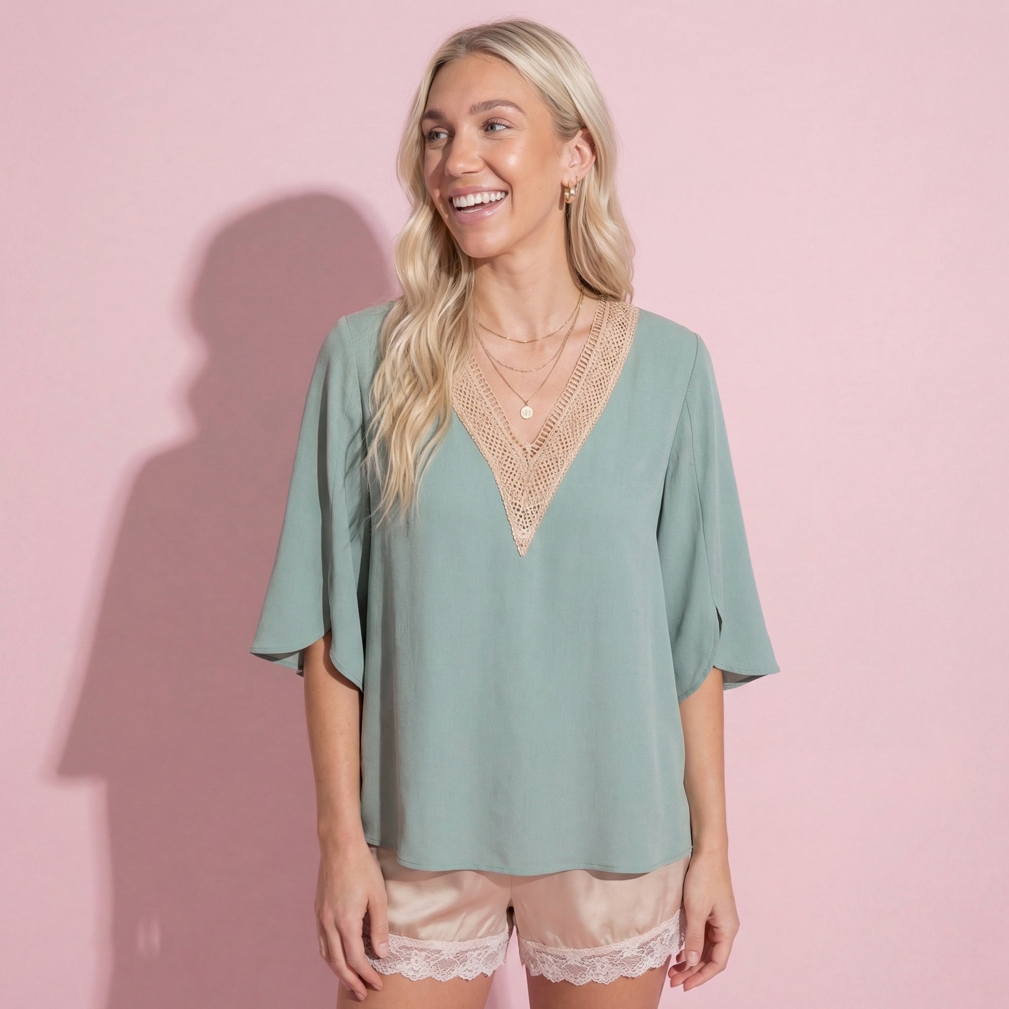 Anna-Kaci Women's Split Sleeve V-Neck Blouse with Crochet Detail