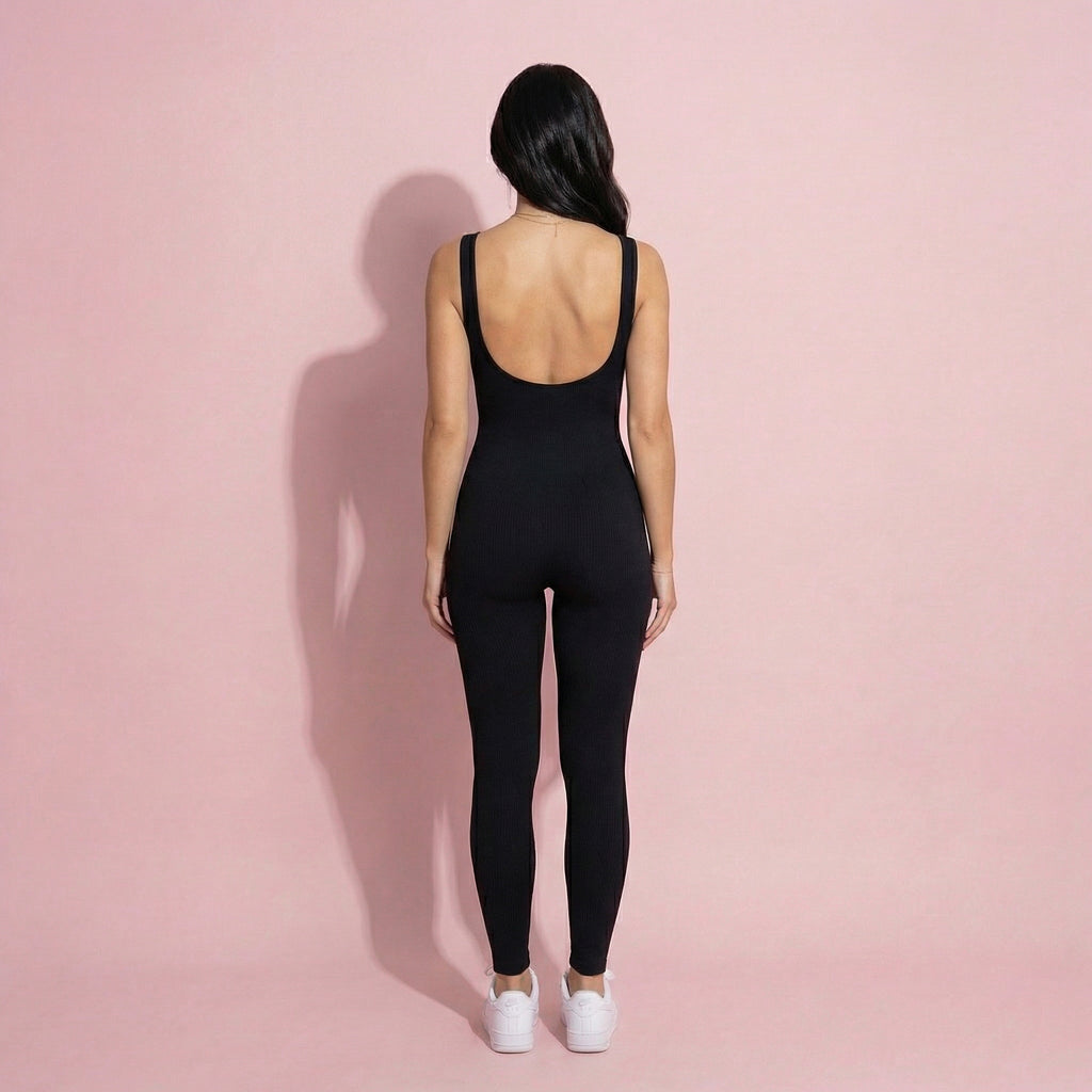 Anna-Kaci Active Women's Ribbed Knit Sleeveless Jumpsuit with Scoop Neckline and Bodycon Fit