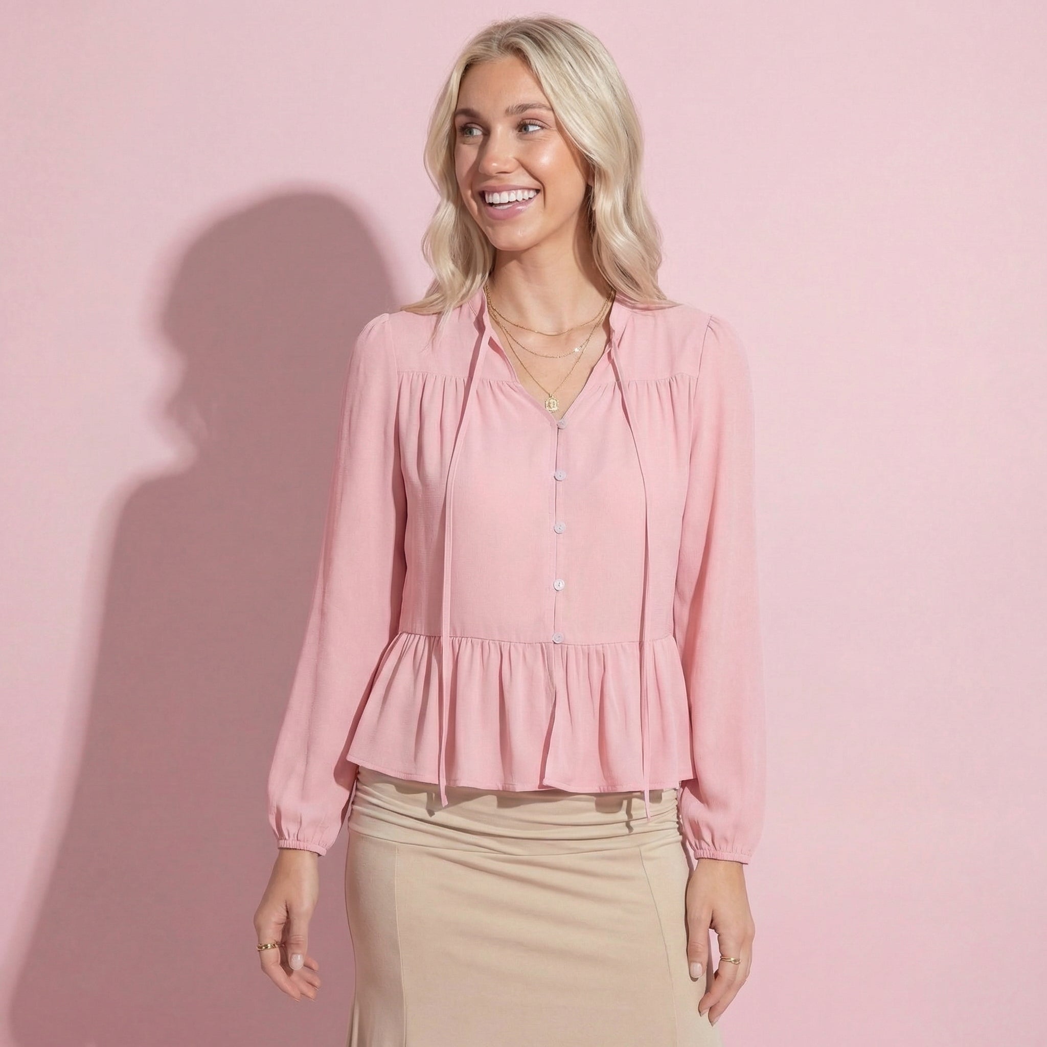 Anna-Kaci Women's Long Sleeve Button Front Peplum Blouse with V-Neckline and Gathered Waist Detail