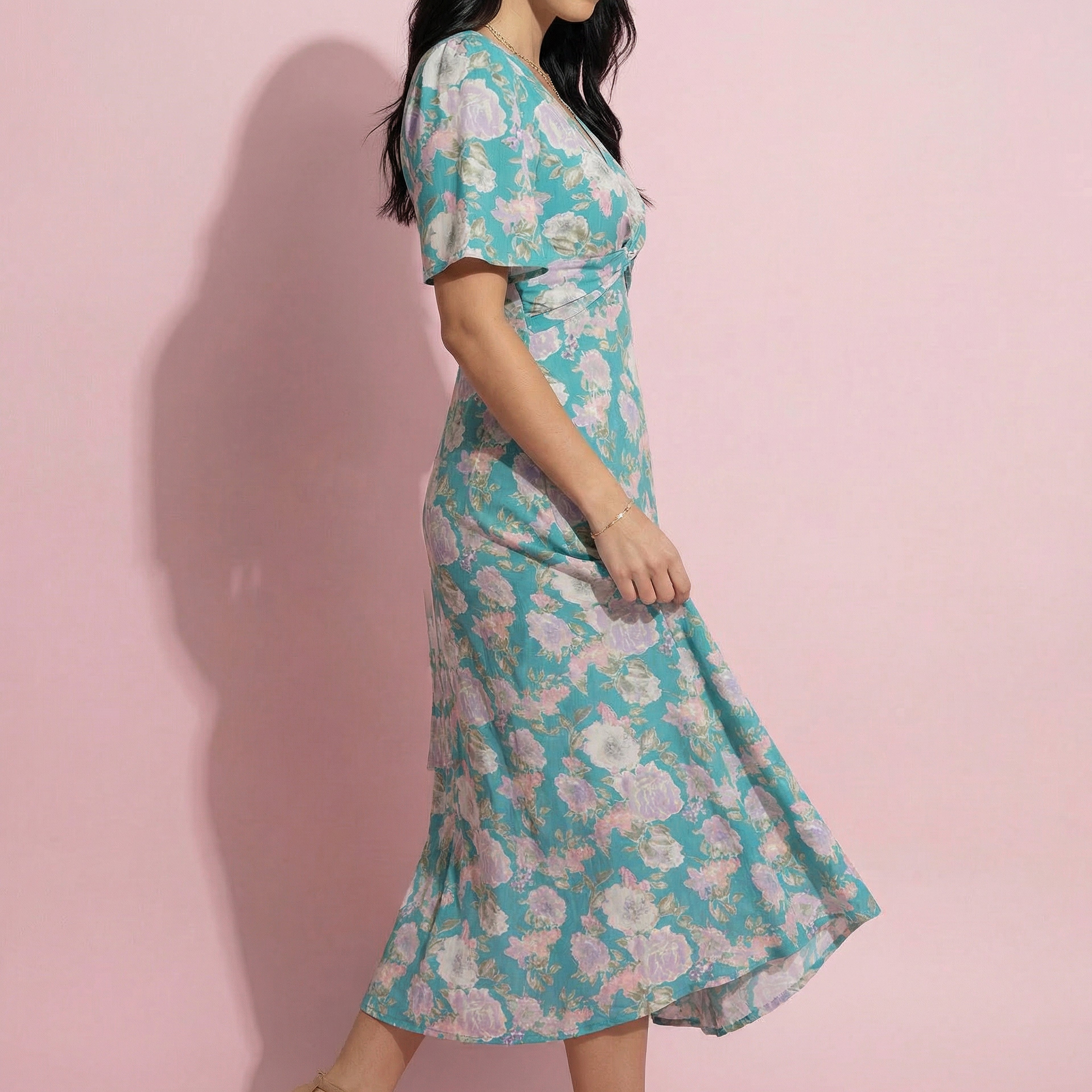 Anna-Kaci Women's Floral Print V-Neck Maxi Dress with Flutter Sleeves and Defined Waist Detail