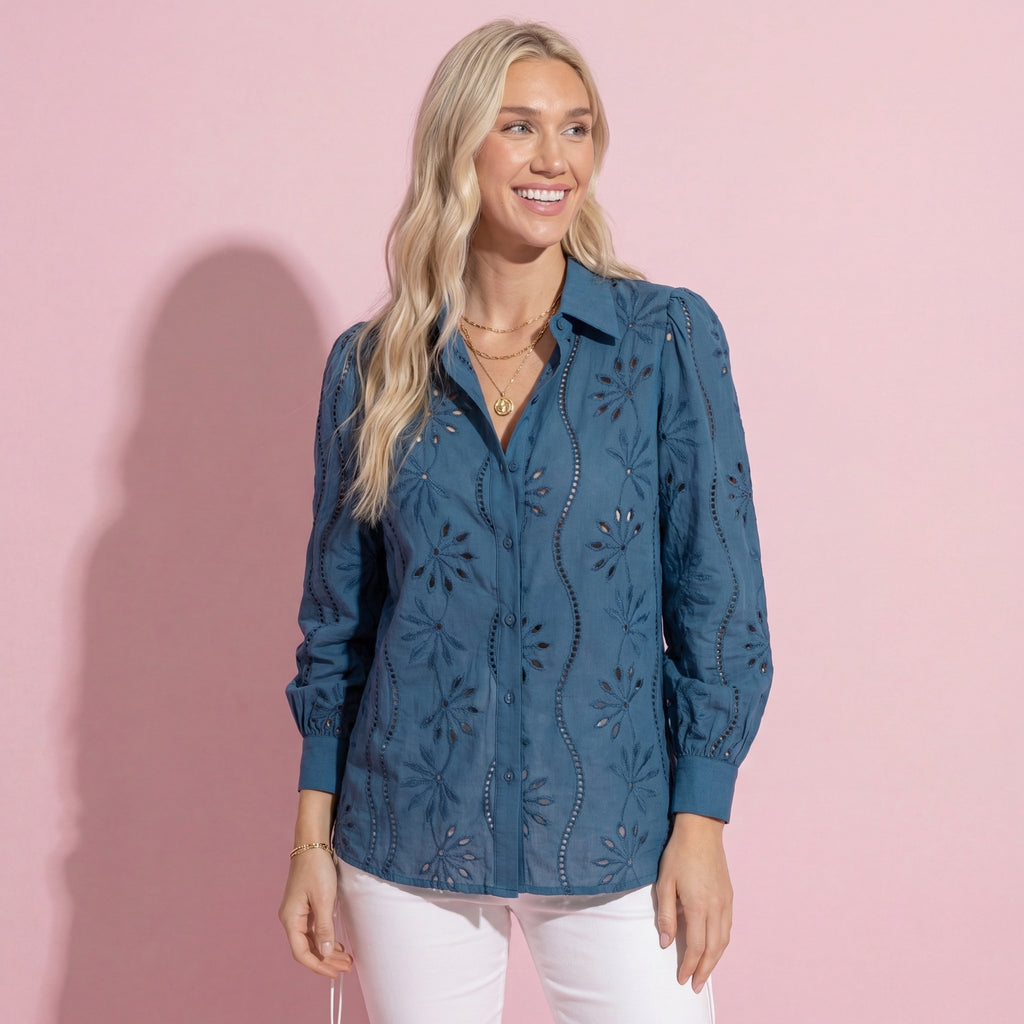 Green women's blouse with embroidered, eyelet and long sleeve