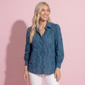 Green women's blouse with embroidered, eyelet and long sleeve
