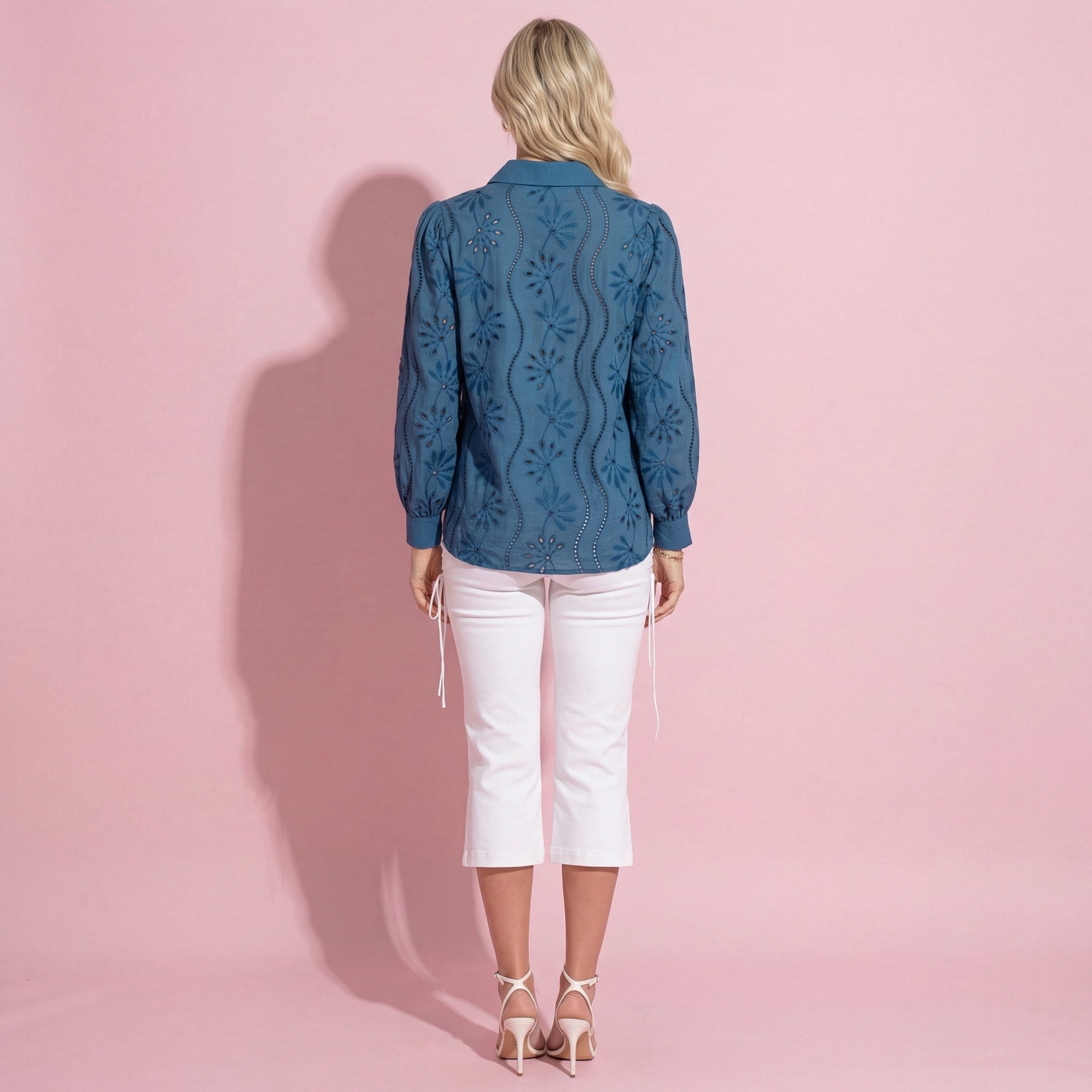 Anna-Kaci Women's Embroidered Eyelet Long Sleeve Button-Up Blouse