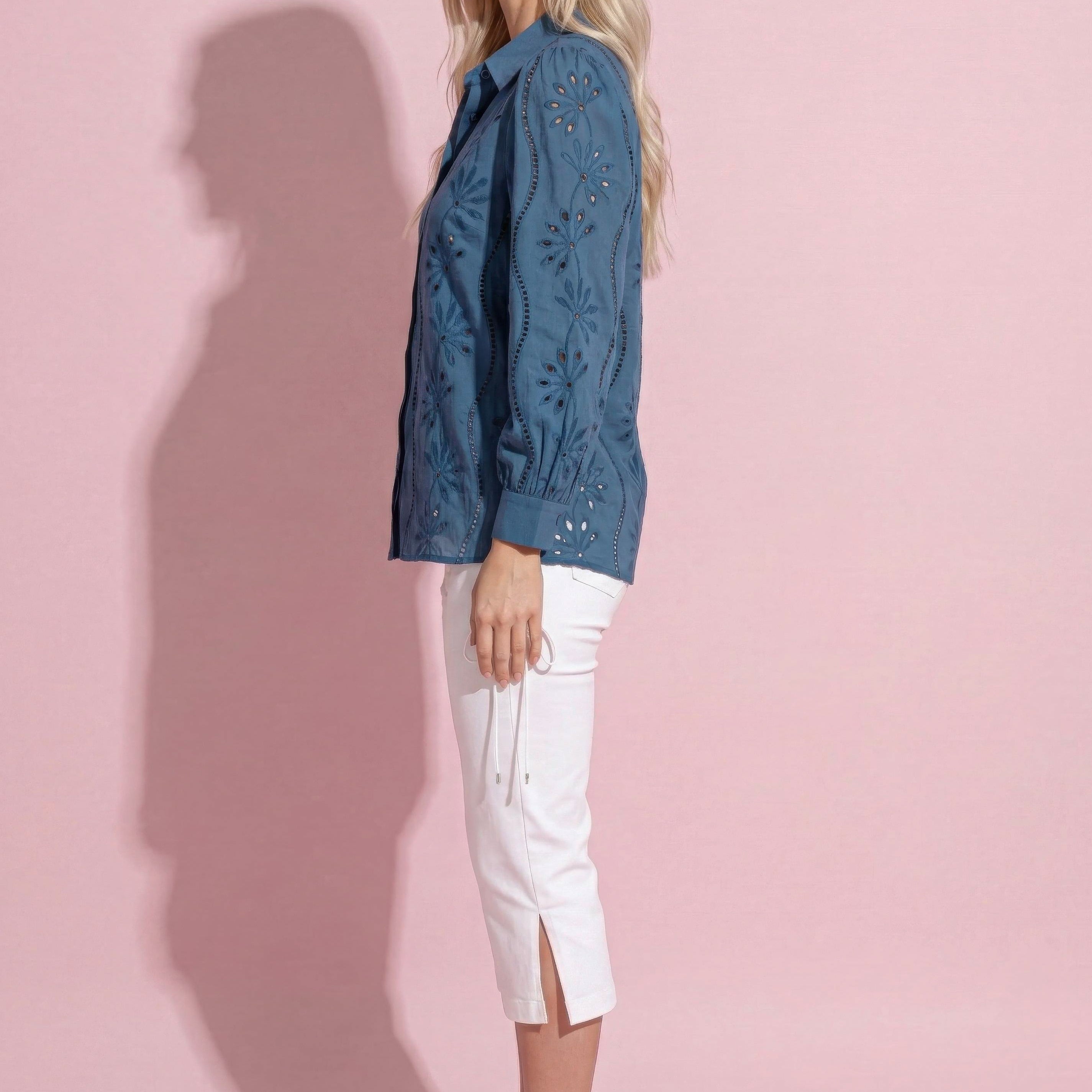 Anna-Kaci Women's Embroidered Eyelet Long Sleeve Button-Up Blouse