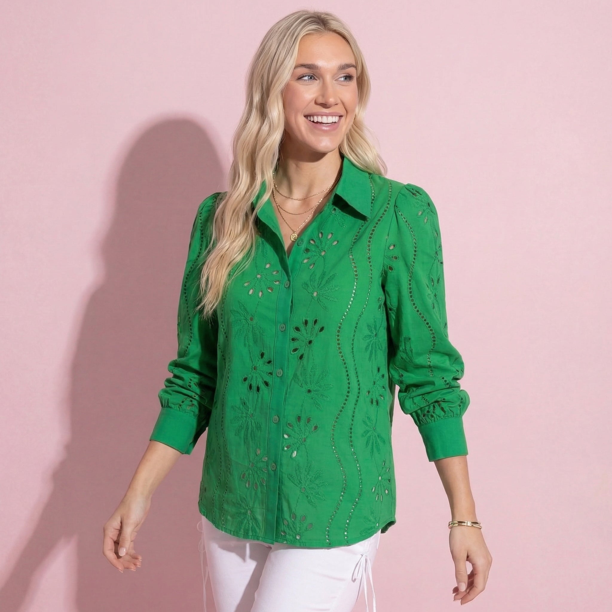 Anna-Kaci Women's Embroidered Eyelet Long Sleeve Button-Up Blouse