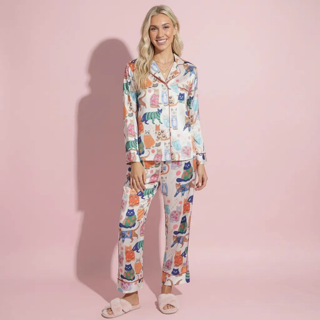 Anna-Kaci Lounge Women's 2-Piece Set Long Sleeve Button Front Pajama Set with Cat Print and Soft Silky Fabric for Relaxed Comfort