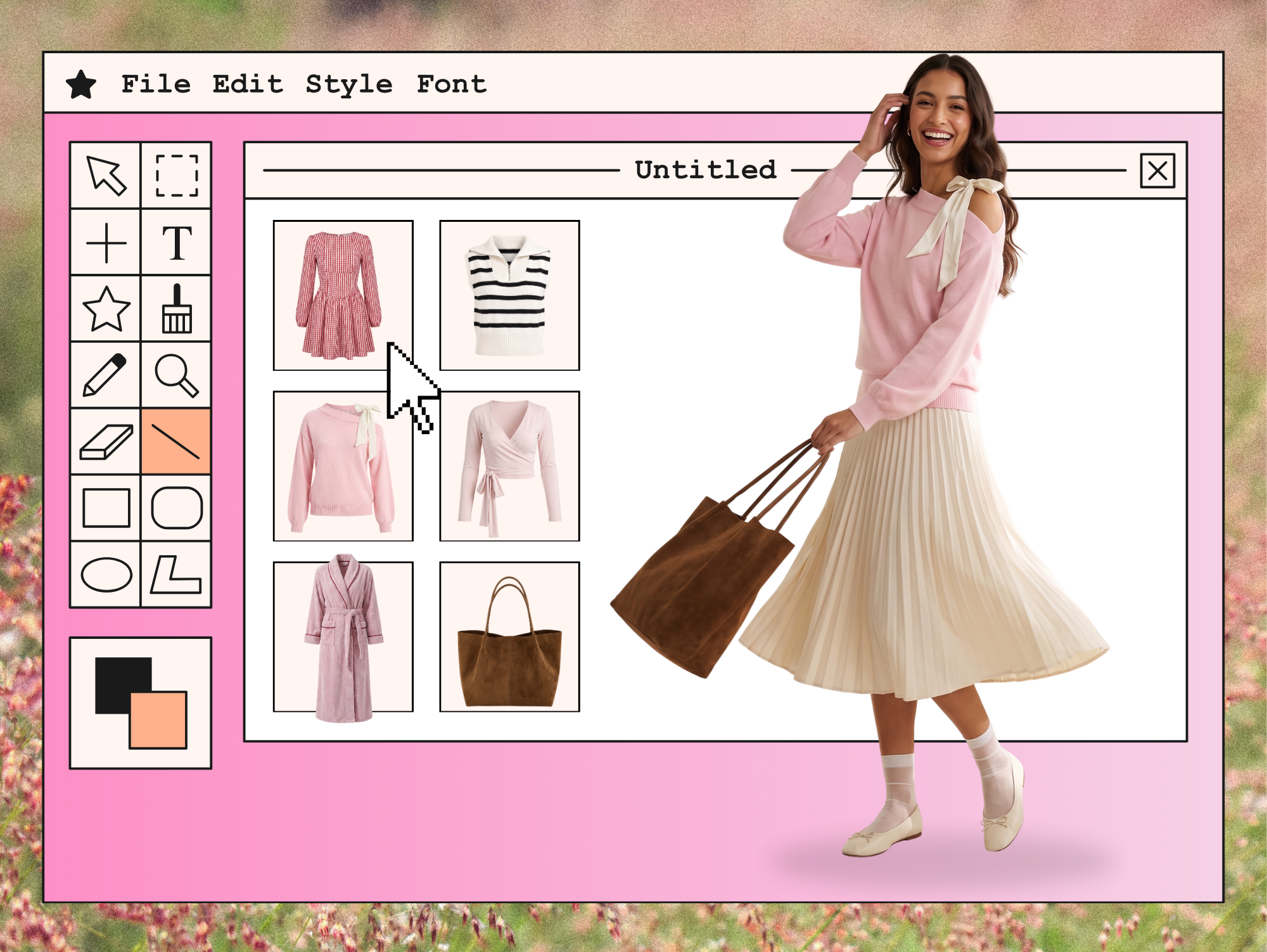 A woman in a pink long-sleeve blouse with a white bow tie, cream pleated midi skirt, white socks, and white shoes stands outdoors holding a brown tote bag. The scene is composited inside a pink and white digital interface showing clothing thumbnails and editing tools.