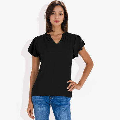 Blusa de mujer de manga corta con escote en V y mangas con volantes de doble capa