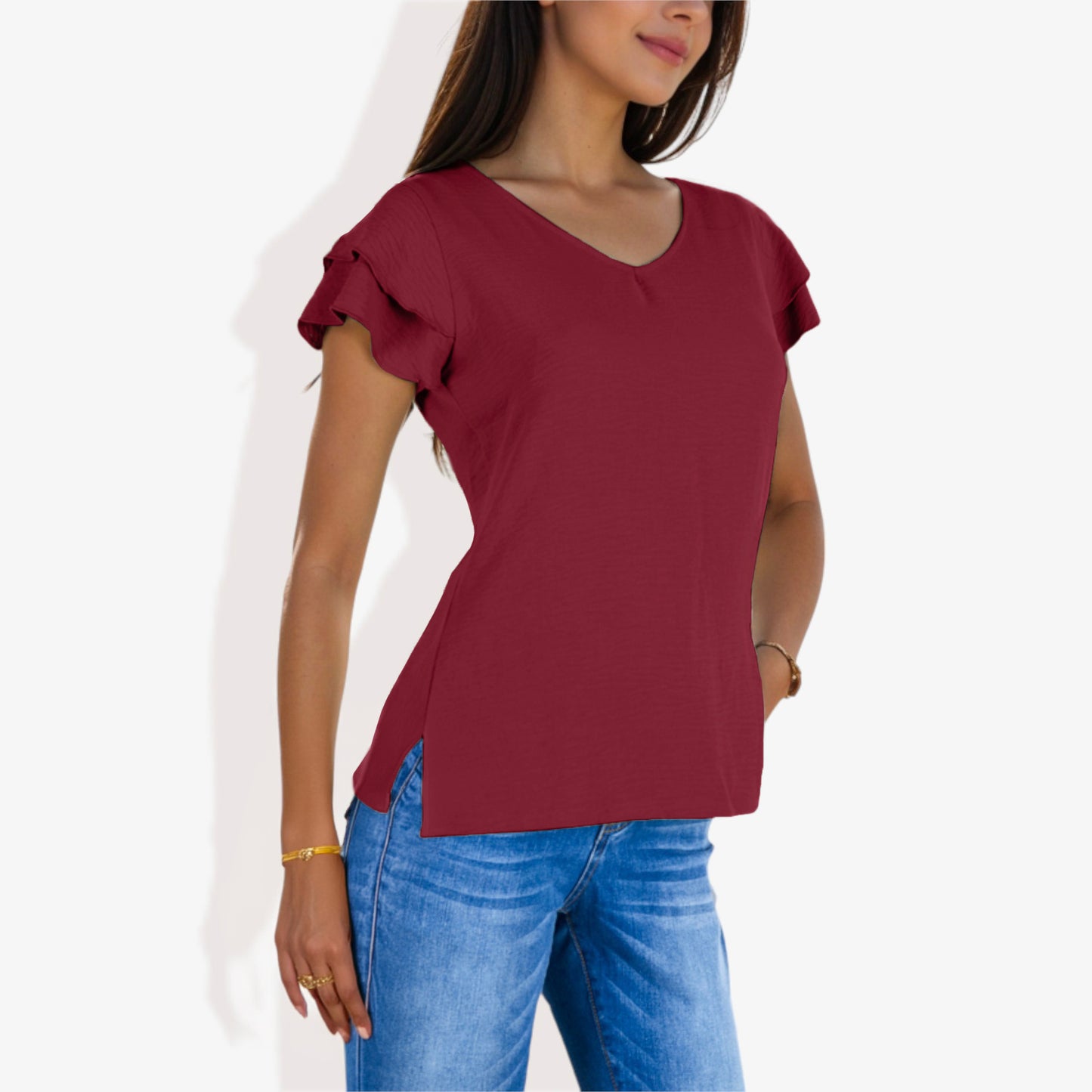 Blusa de mujer de manga corta con escote en V y mangas con volantes de doble capa