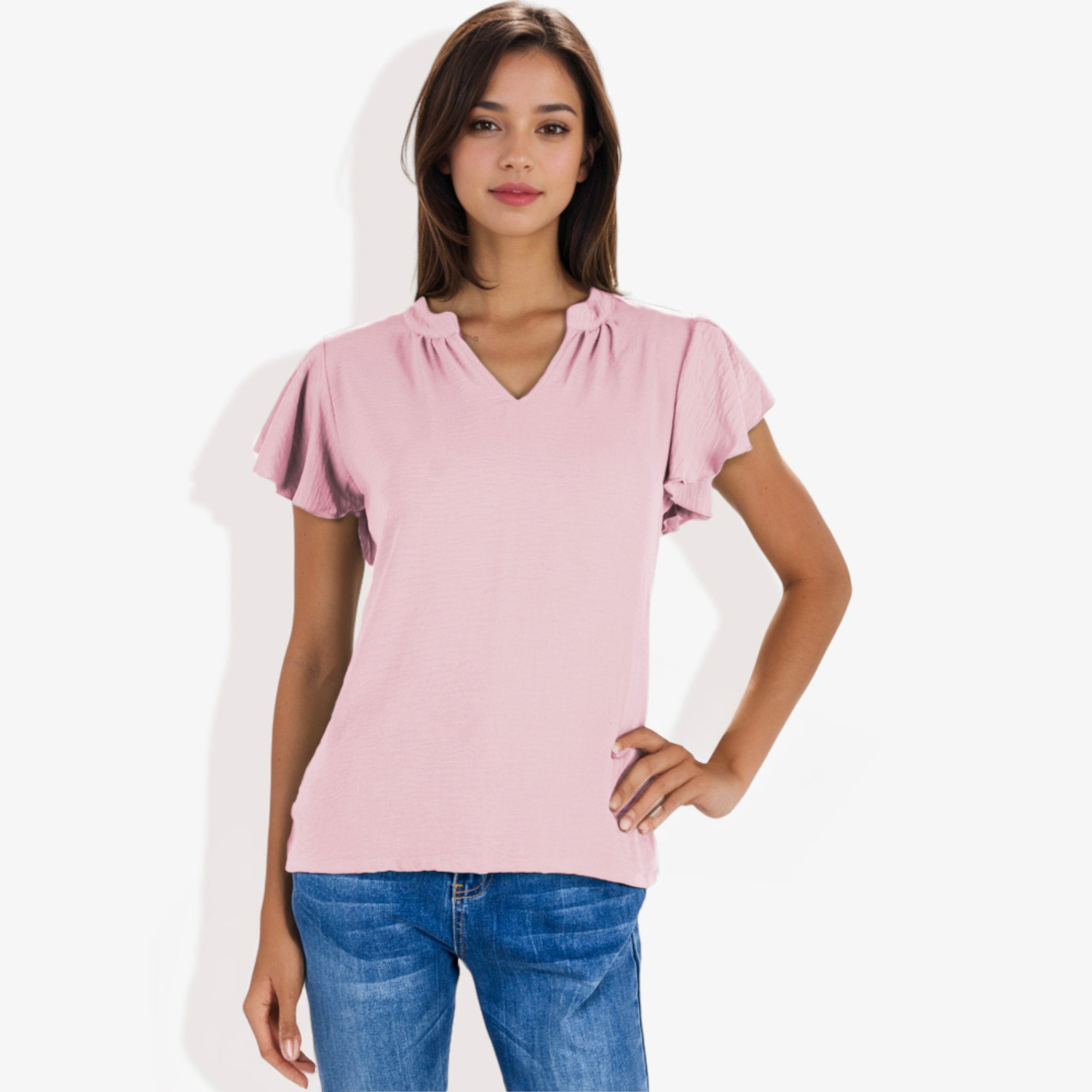 Blusa de mujer de manga corta con escote en V y mangas con volantes de doble capa