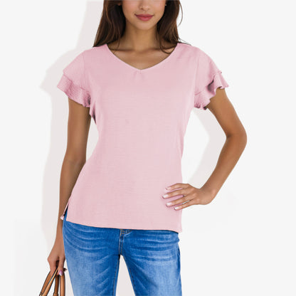 Blusa de mujer de manga corta con escote en V y mangas con volantes de doble capa